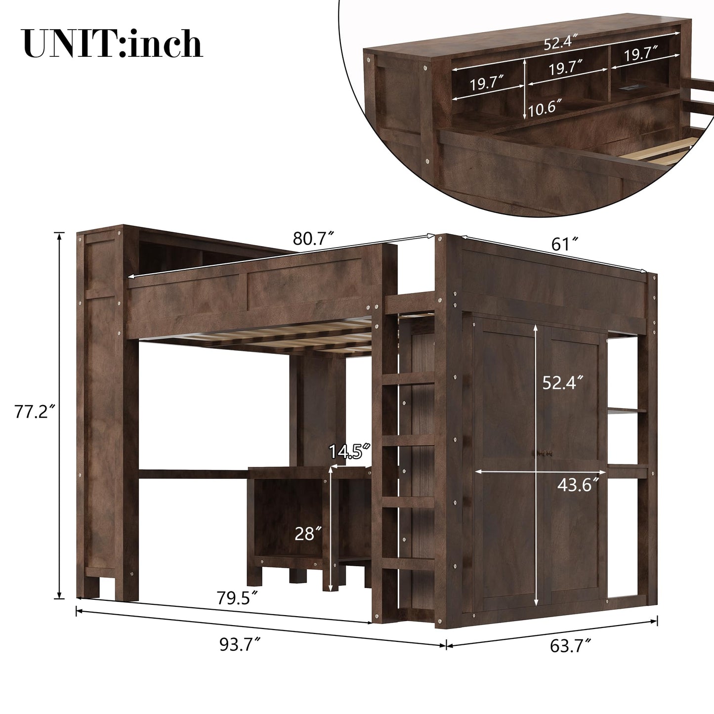 Merax Queen Loft Bed Frame with Desk and Wardrobe, Headboard with Storage & Charging Station, Wood Loft Bunk Bed with Solid Slats & Guardrail, No Box Spring Needed, Space-Saving, Noise Free, Brown