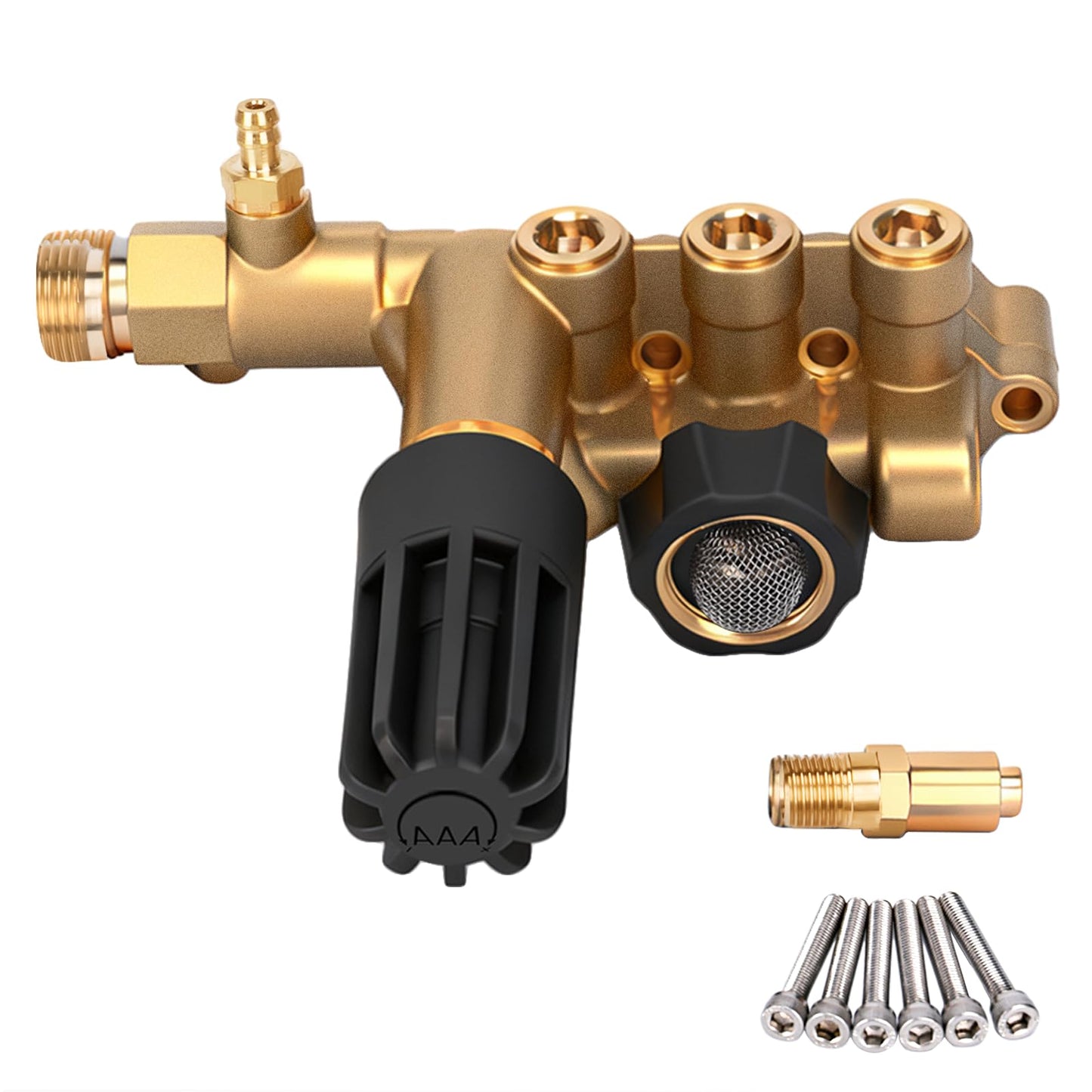 konzition Premium 7108746 AAA Pump Manifold Replacement Kit for AAA Pressure Washer Pump Model Numbers 530008, 530009, 530016, Heavy Duty 7108746 Manifold Kit with Hardware, Gold - Easy to Install