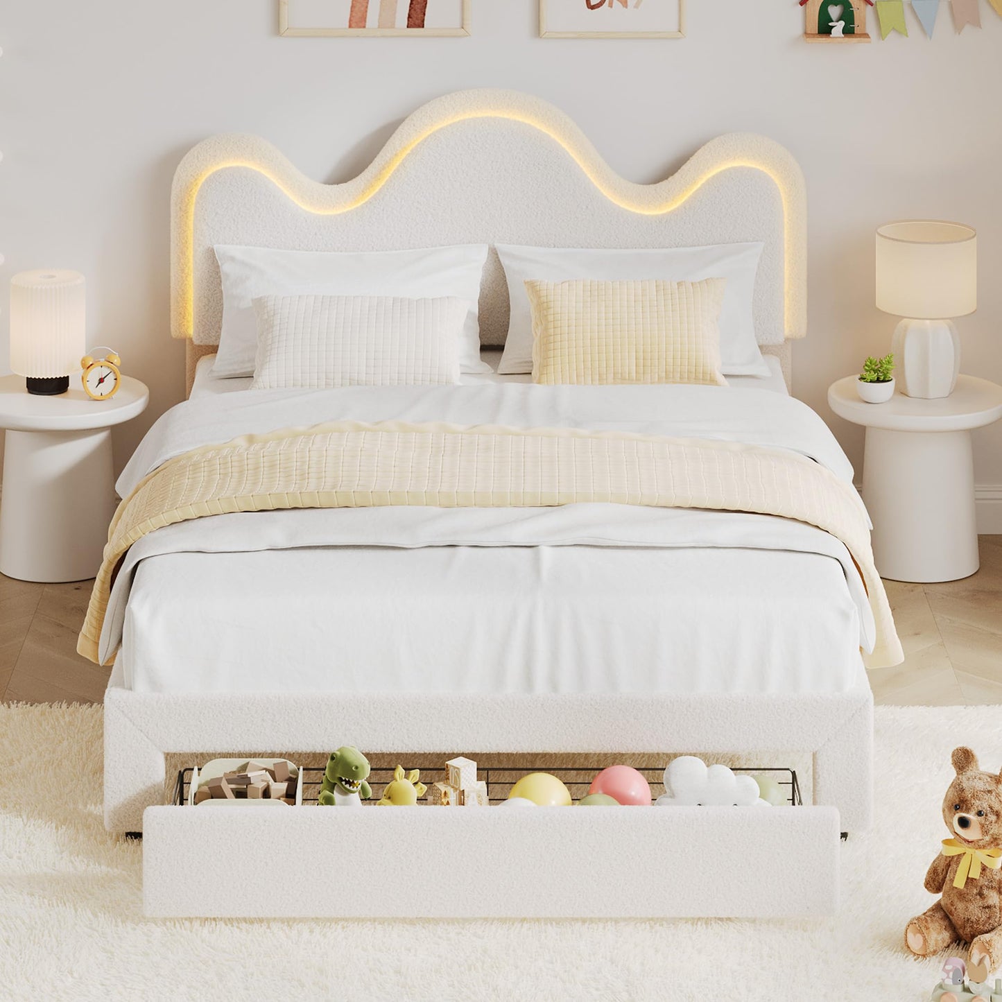 IDEALHOUSE Queen Bed Frame with LED Headboard and Under-Bed Drawer, Metal Upholstered Platform Bed with LED Light for Kids, Girls, Lamb Fleece Fabric, Wooden Slats Support, No Box Spring Needed, White