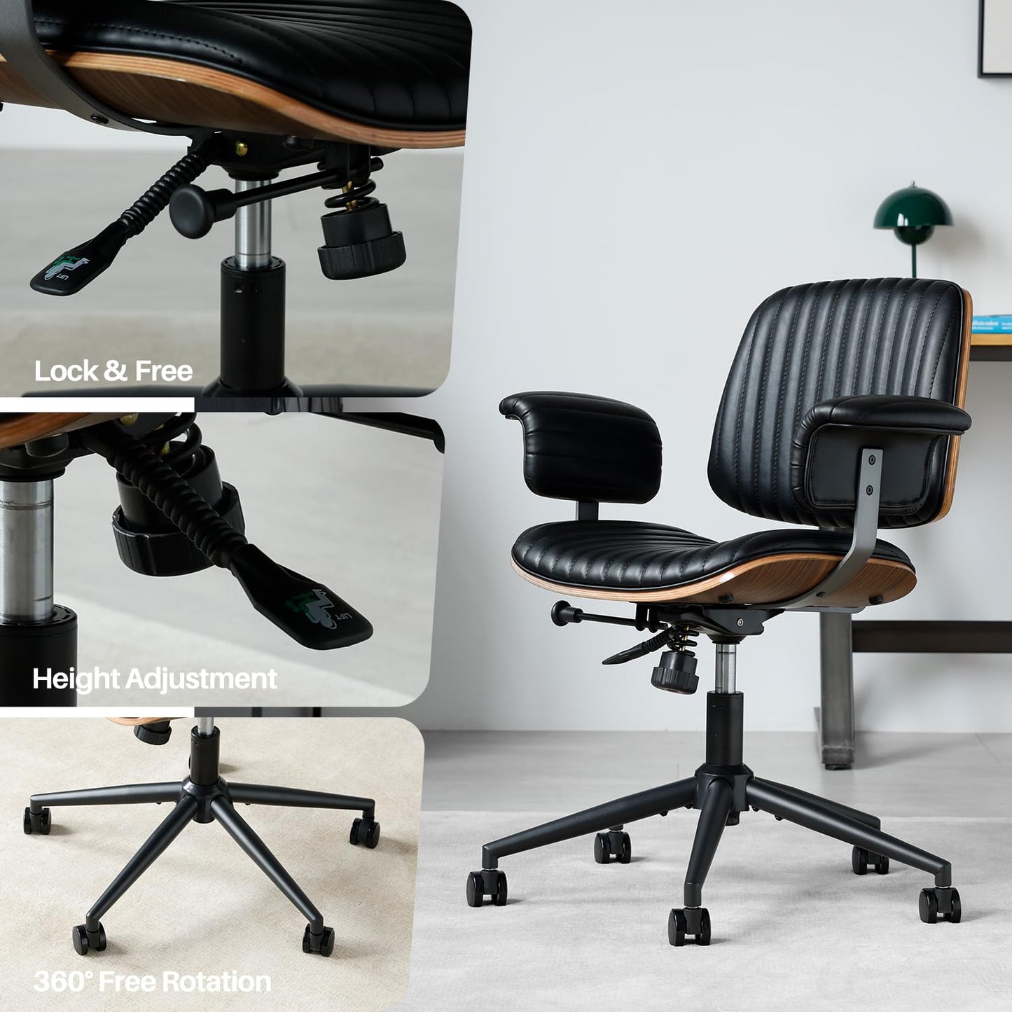 Leather Home Office Chair, Mid-Century Modern Executive Desk Chair with Padded Armrests, 360° Swivel Ergonomic Task Chair,Adjustable Height (PU Leather-Black)