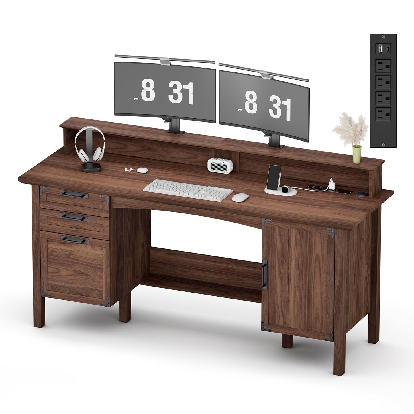 Homiflex Farmhouse Office Desk with Power Outlet & Monitor Stand, 63'' Home Computer Desk with 2 Drawers, File Cabinet, Storage Cabinet, Executive Desk for Work, Study, Writing, Gaming, Walnut