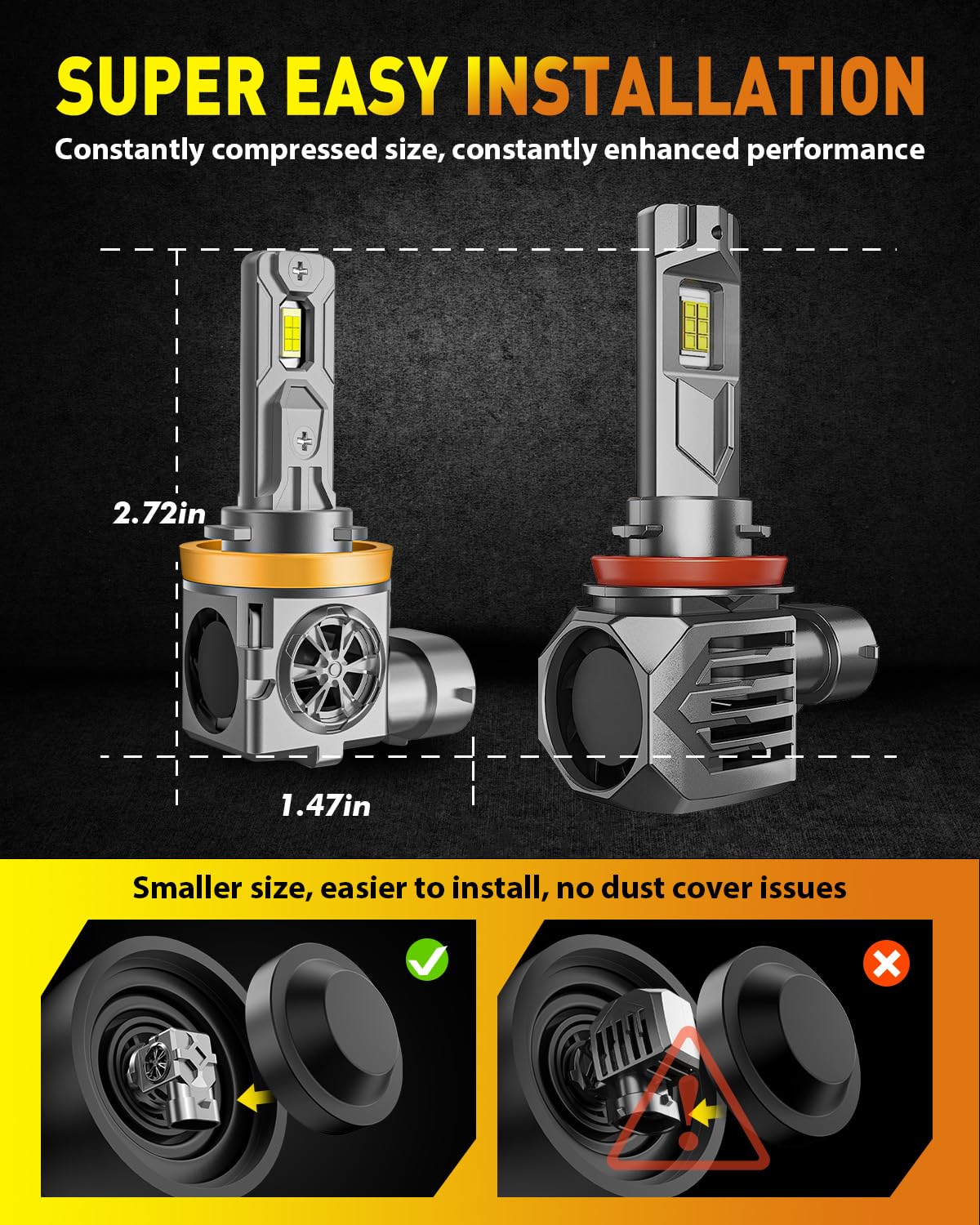 Termitor H11 9005 LED Bulbs Combo, 80000LM Brightness, 6500K White, Mini Size, Plug and Play, Pack of 4