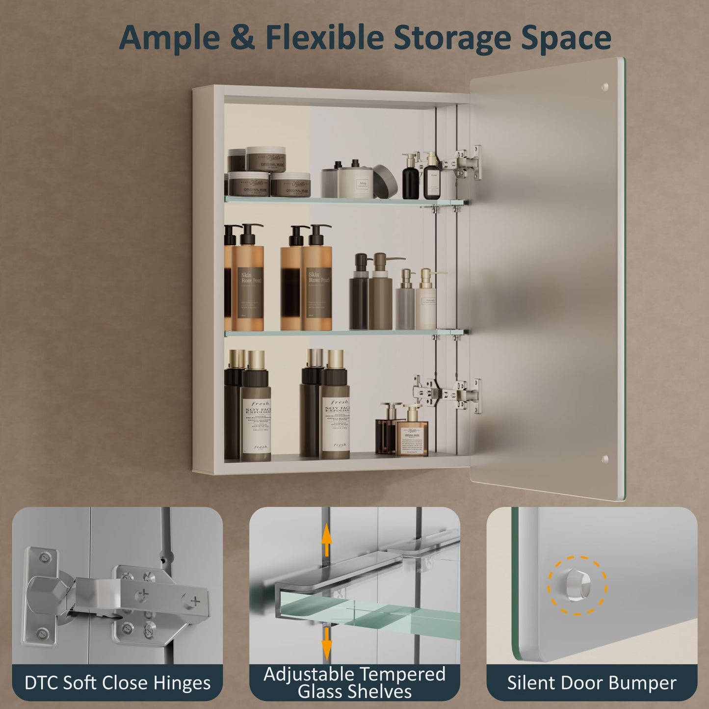 20x28 Inch Medicine Cabinet with Mirror, Recessed or Surface Mounted Bathroom Cabinets for Storage, 2 Fully Adjustable Tempered Glass Shelves, Soft-close DTC Hinges, HD Reflection Mirror Door, Silver