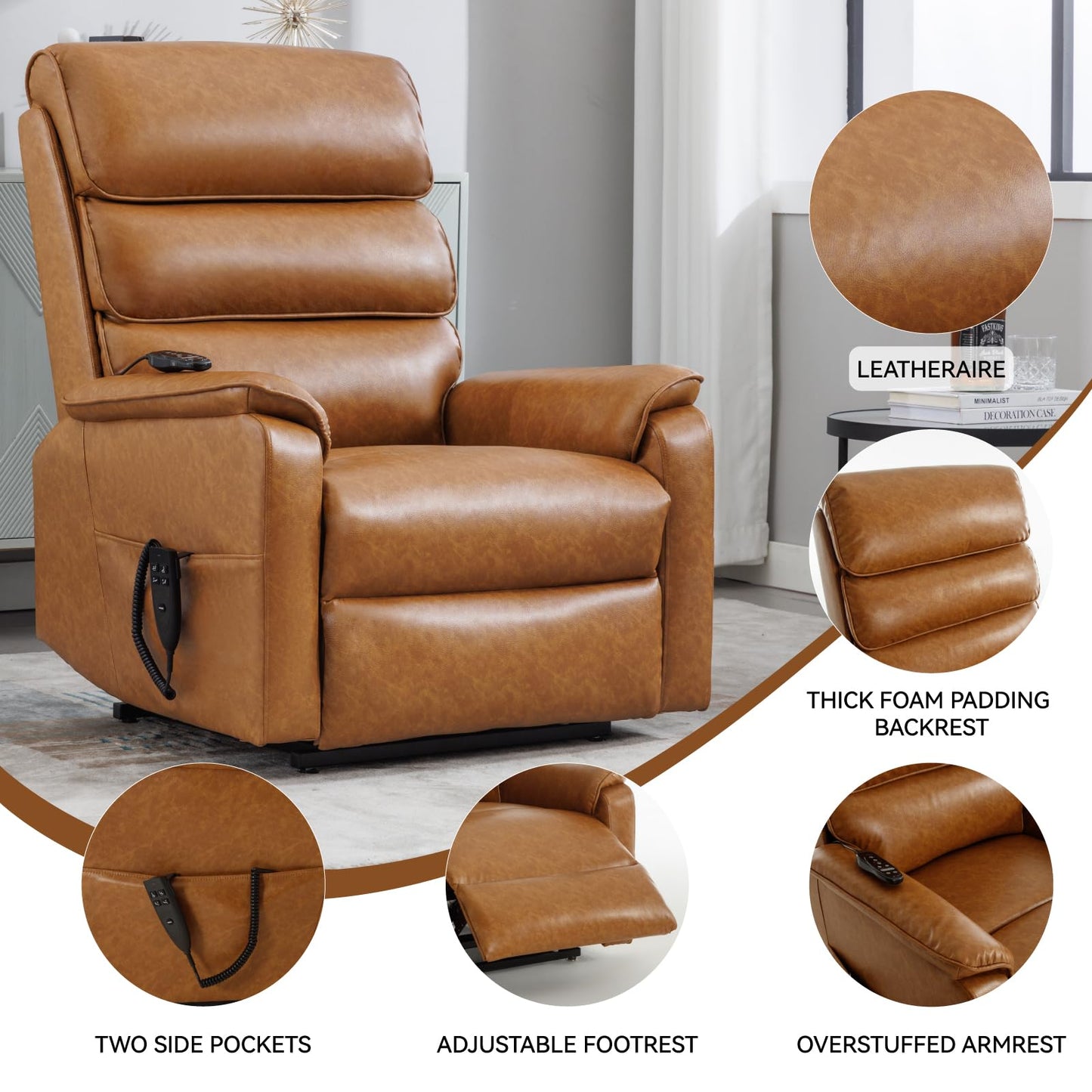 KEIKI Oversized Recliner Chair Dual Motor Power Lift Leather Recliner Chair with Heat and Massage, Infinite Position Power Reclining Simple Modern Chaise Lounge Chair Indoor, Yellow Brown
