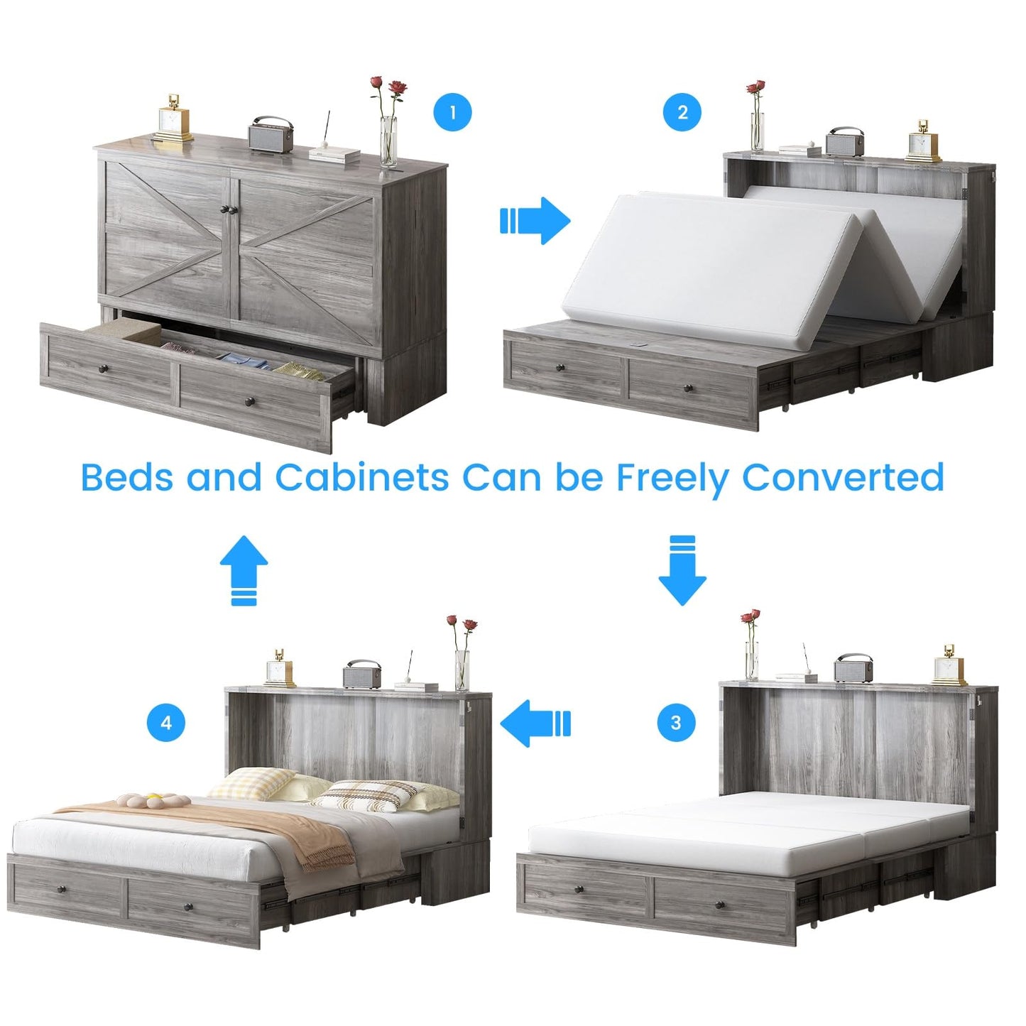 PUREMIND Full Murphy Bed Cabinet with Mattress Included, Bedroom Cabinet Beds with USB Charging Station, Murphy Chest Bed with Storage Drawers, Horizontal Wallbed for Guest Room Grey