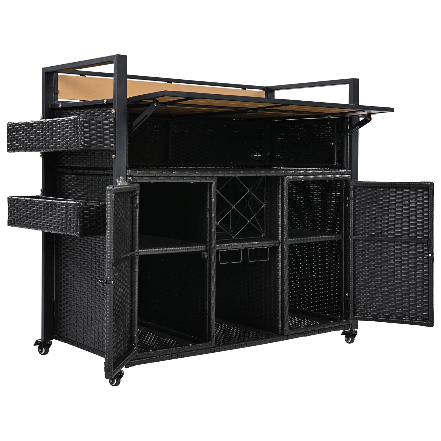 YOPTO Outdoor Grill Cart with Foldable Design,7-Tier Shelves,Lockable Wheels,Wine Rack & Weather-Resistant Wicker Rattan for Indoor/Outdoor Use,Black Brown