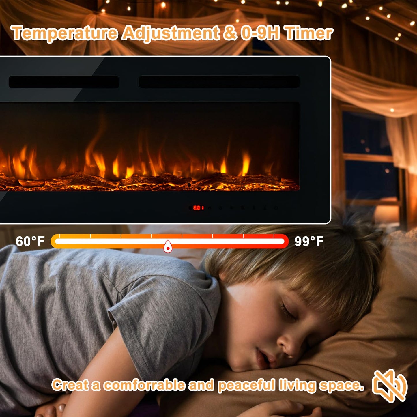 OneBlis Electric Fireplace, 60 inch Wide Recessed/Wall Mounted Electric Fireplace, Remote Control with Timer 12 Adjustable Color Flame, Remote Control, Log Set & Crystal