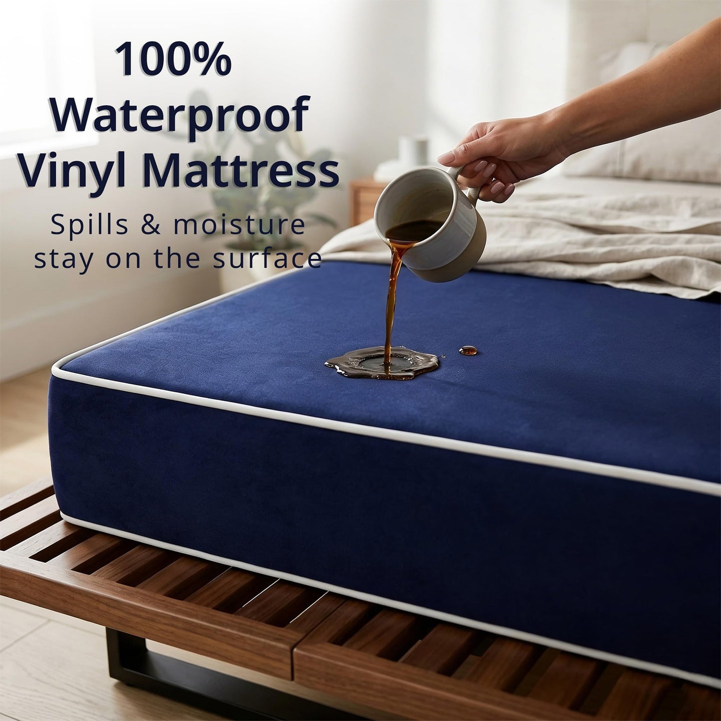 Greaton, 5-Inch Medium Firm Water Resistance Nylon Vinyl Foam Mattress, Noiseless, Soft Cloud Feeling, Body Heat Reflection, Good for Hospital and Camp, Queen, Blue