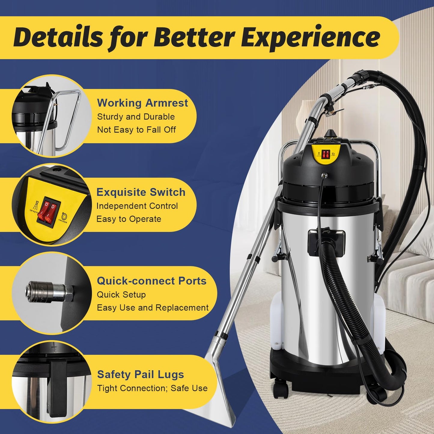 40L/11Gal Commercial Carpet Cleaner, 3 in 1 Multi-Purpose Floor Cleaning Machine Heavy Duty Extractor Vacuum Washing Machine, 1049W Powerful Sofa Curtain Carpet Cleaning Machine