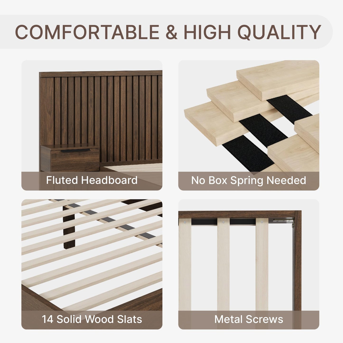 KISLOT Queen Size Wood Bed Frame with Built-in Nightstands, Modern Fluted Headboard & Storage Drawers, Solid Wood Slat Support, No Box Spring Needed, Noise-Free, Easy Assembly