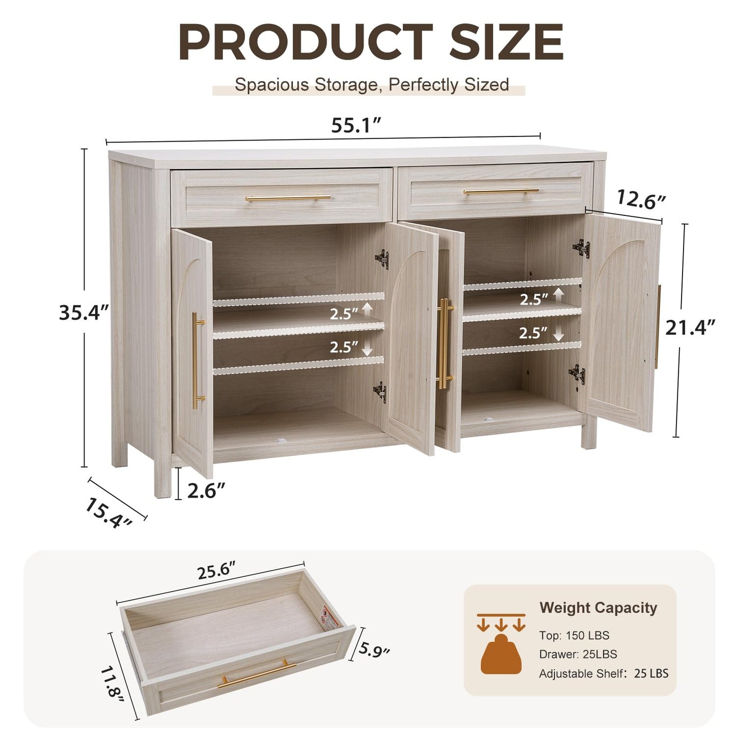 FNeL Mid-Century Modern Arched Sideboard, 55" Buffet Cabinet with Storage, 4-Door Accent Cabinet, Long Sideboard Buffet Table for Kitchen, Living Room, White