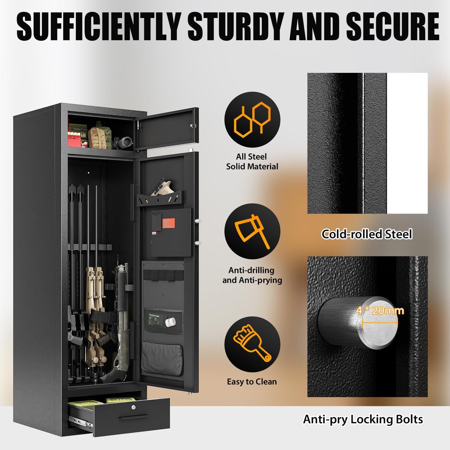 Zevemomo 10-12 Gun Safes, Gun Safe for Rifles and Pistols Safe for Home, Quick & Easy Access Gun Cabinets for Rifle and Handgun with LED Light & Drawer, Electronic Lock