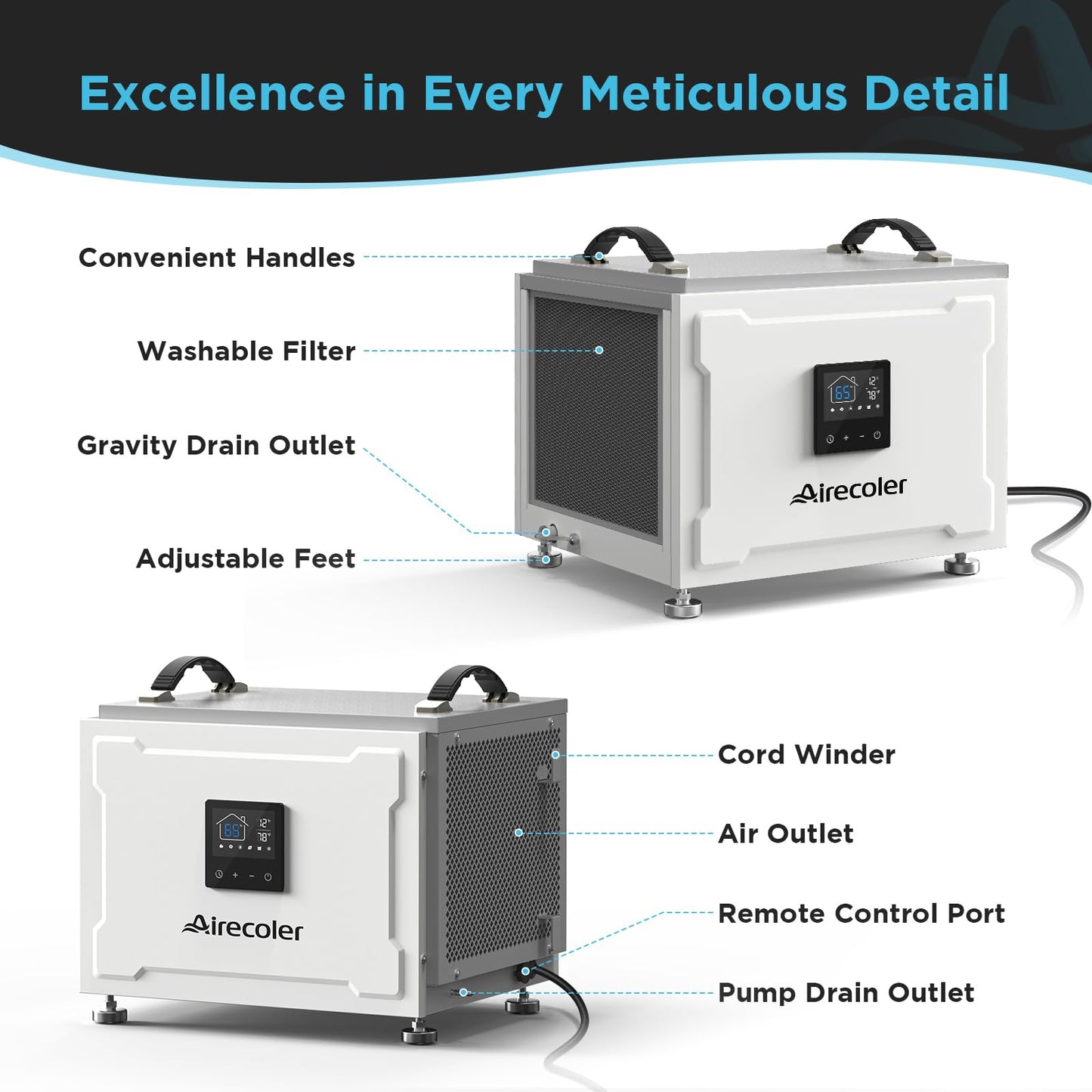 Airecoler 70 Pints Energy Star Commercial Dehumidifier with Pump, Portable Crawl Space Dehumidifiers for Basement and Home, Built-in Remote Control, Auto Defrost | Airecoler Stellar SP10