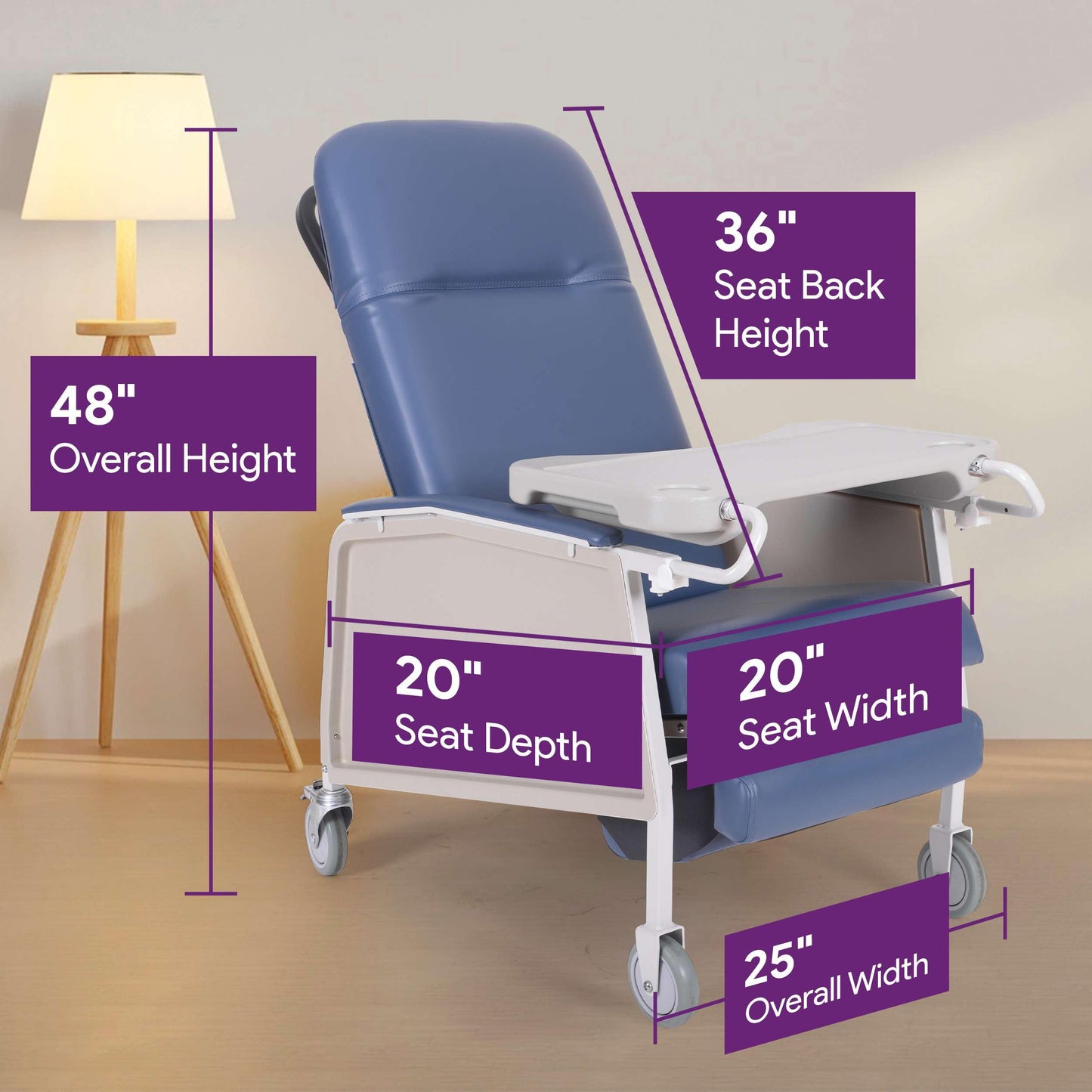 3 Position Geri Chair - Blue Medical Recliner Chairs for Elderly with Meal Tray for Home and Hospital - 250 Pound Weight Capacity - Reclining Medical Chair for TV, Relaxation, Food