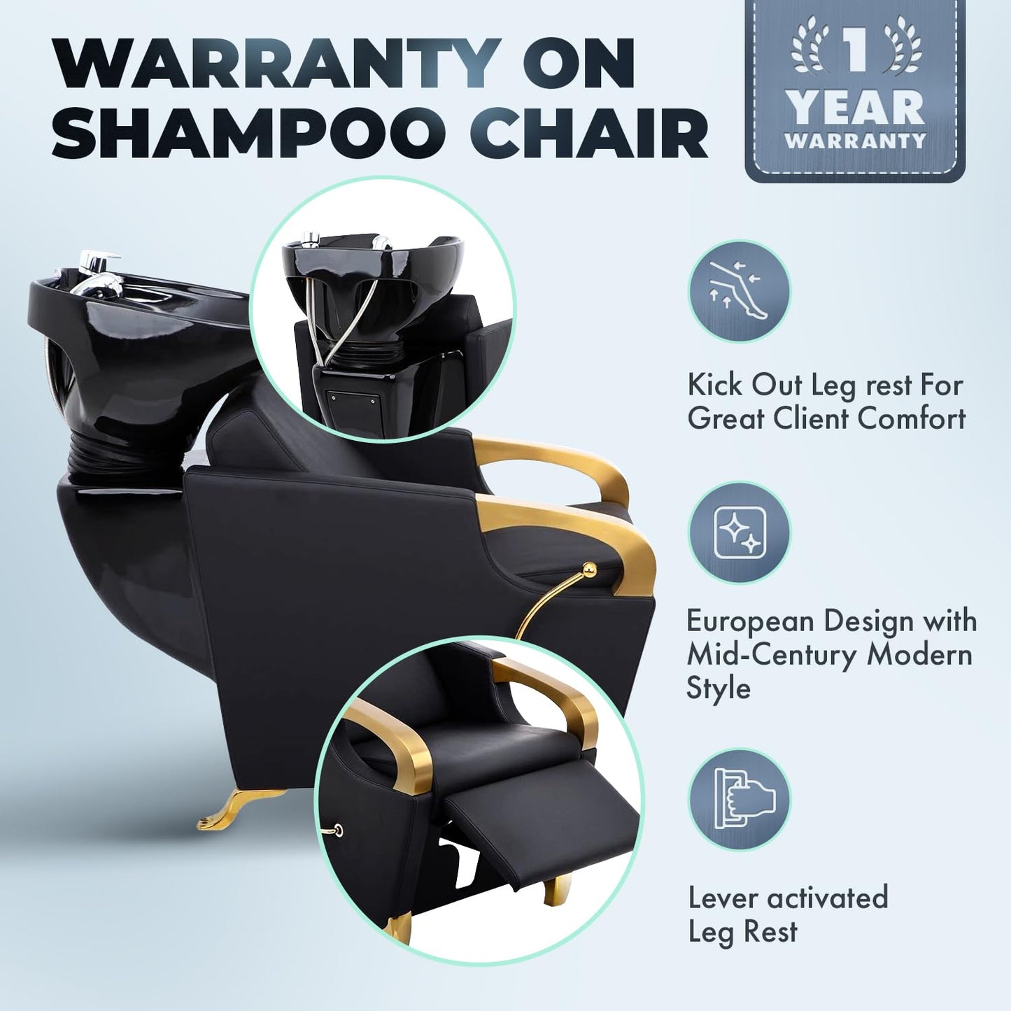 Buy-Rite Luna Gold Shampoo Backwash Unit - Tilting Black Porcelain Bowl, Brushed Gold Armrests, Extra-Wide Seat, Lever Leg Rest, Modern Salon Design, YLG-583-1-GOLD-BLK