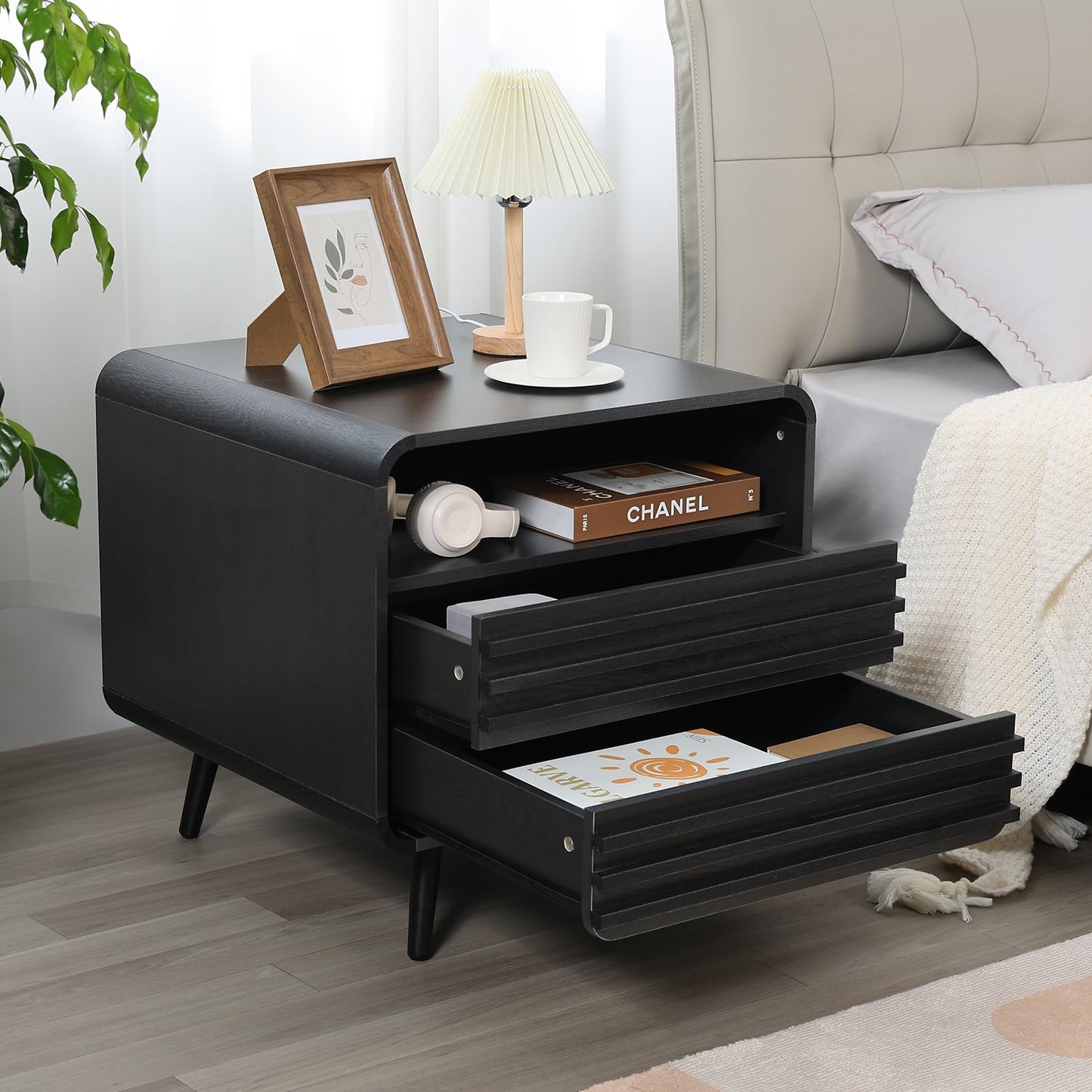 HtThalamic 24" Night Stands Set of 2, Modern Nightstand with Charging Station, Wood Fluted End Table with 2 Drawers, Black Bedside Cabinet for Bedroom