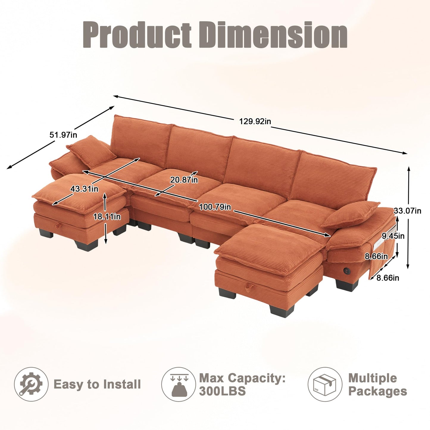 130" Oversized Modular Cloud Sectional Sofa Convertible U/L Shaped Couch Sets for Living Room - 6 Seater Corduroy Cloud Cushion Couches with Storage Ottomans and Pillow Armrest