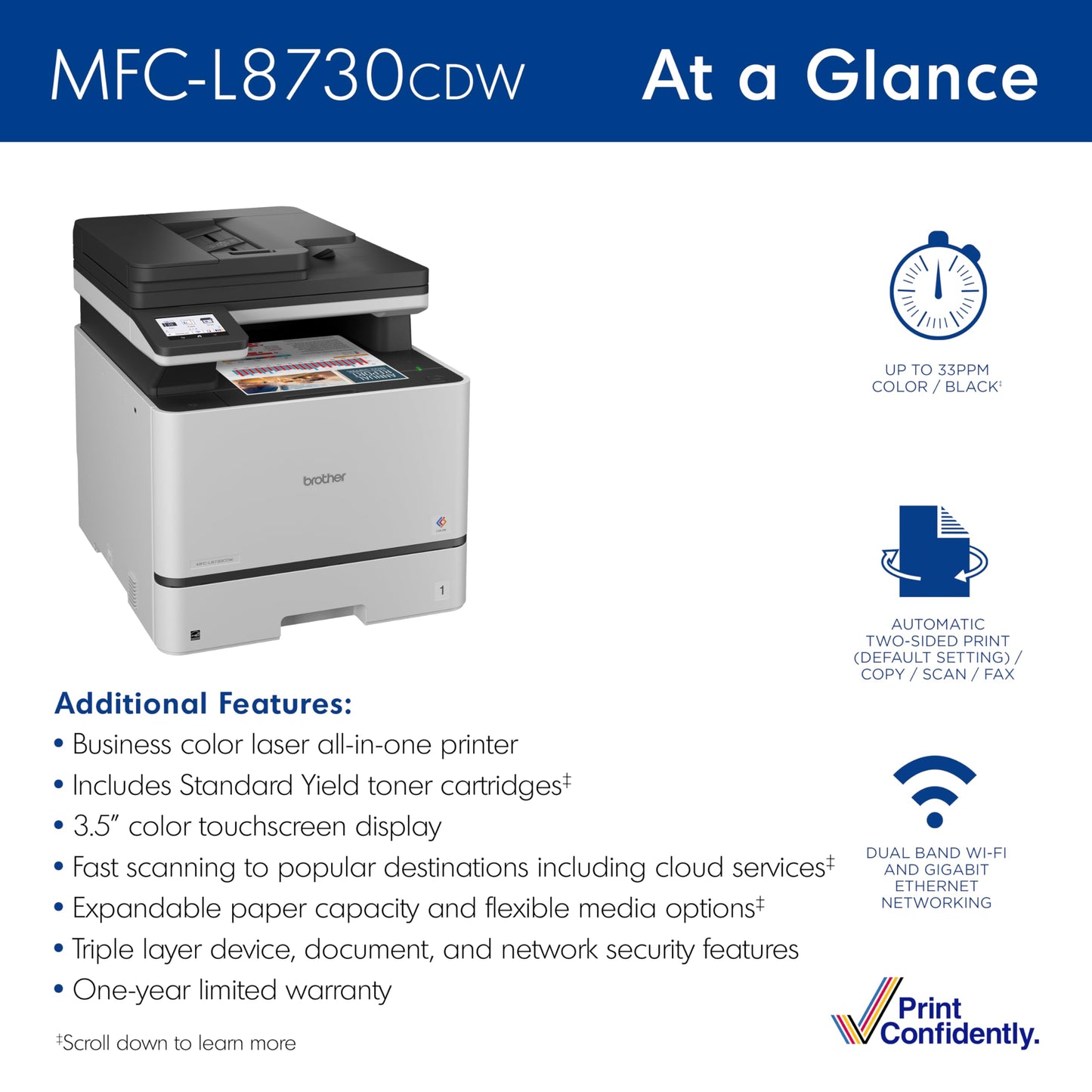 Brother MFC-L8730CDW Business Color Laser All-in-One Printer with Duplex Print, Scan, Copy, Wireless Networking, and Advanced Security Features