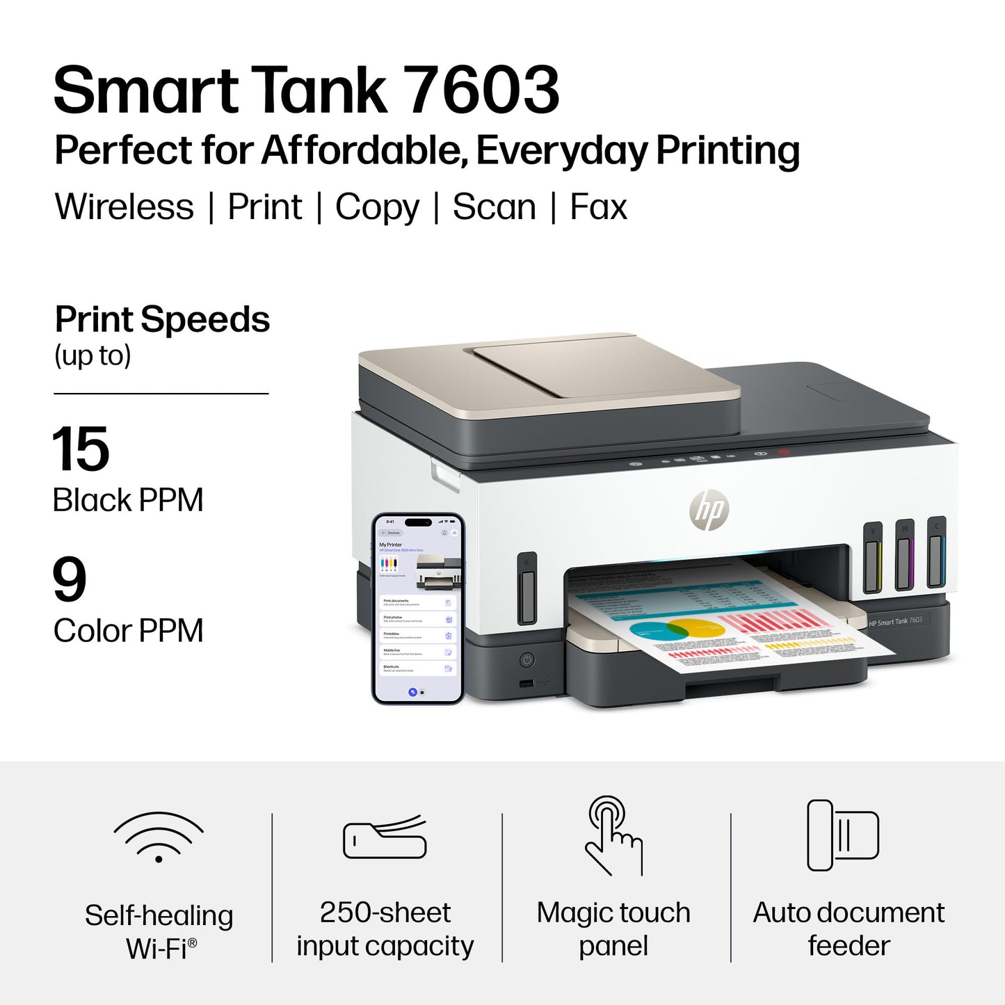 HP Smart Tank 7603 Wireless All-in-One Ink Tank Printer, Scanner, Copier with up to 3 Years of Ink Included, Best-for-Home Office, Cartridge-Free Refillable, AI-Capable (9B5D1A)