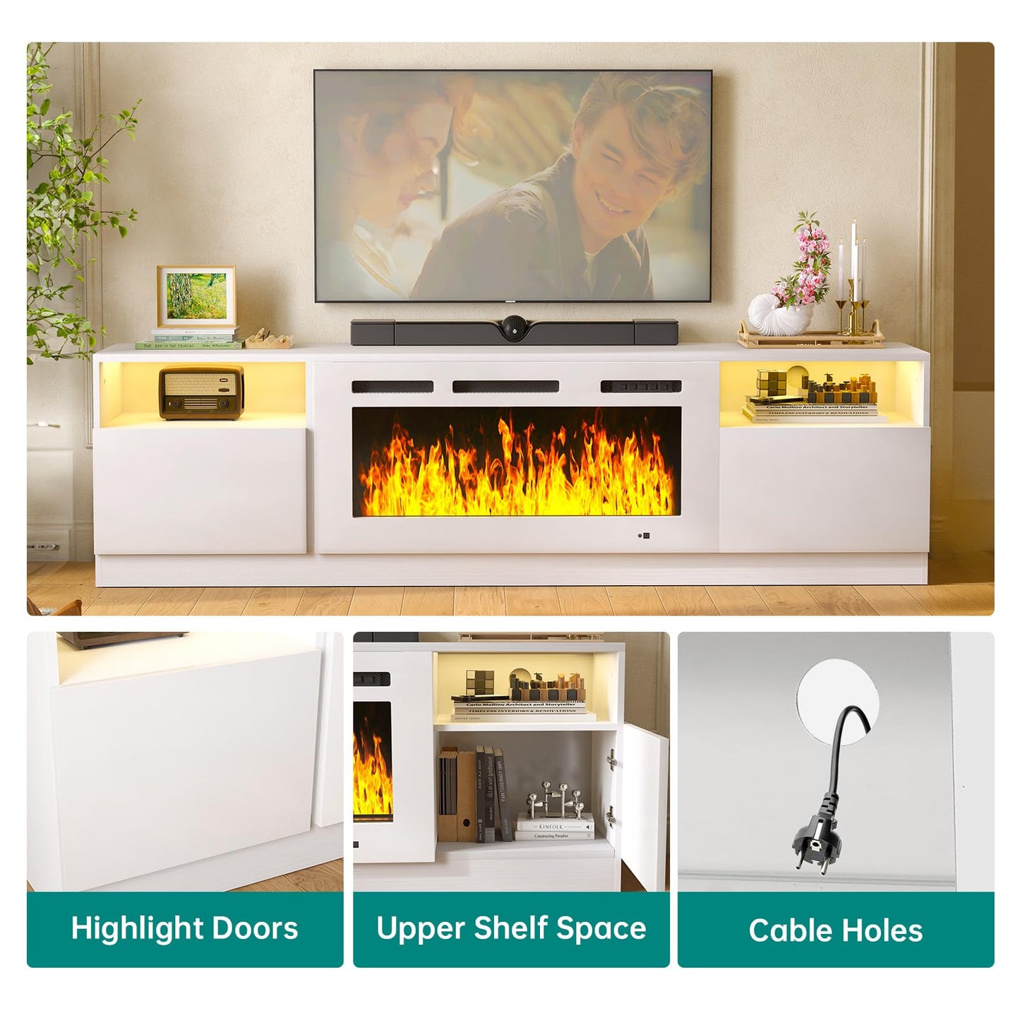MXV 80" Fireplace TV Stand for TVs Up to 90", LED Light Entertainment Center with 36" Electric Fireplace, Modern Wood Texture TV Media Console with Highlight Storage Cabinet, White-White