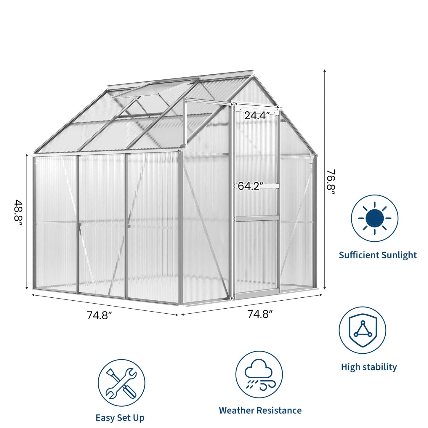 GarveeHome 6x6 FT Walk-in Greenhouse, Large Polycarbonate Green House with Sliding Door & Adjustable Roof Vent, Heavy-Duty Weatherproof Outdoor Greenhouse for Patio, Backyard, Garden