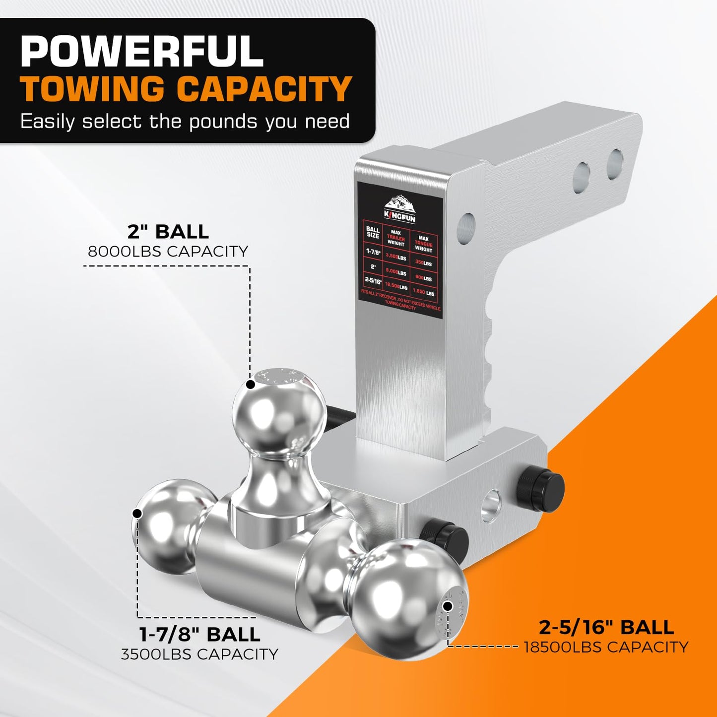 Kingfun Adjustable Trailer Hitch - Drop Hitch 2.5 Inch Receiver, 6 Inch Drop/Rise Tow Hitch, Tri Ball (1-7/8", 2" & 2-5/16" Ball), 18500 Lbs Gtw Aluminum Heavy Duty Hitch with Anti-Theft Pin- (Silver)