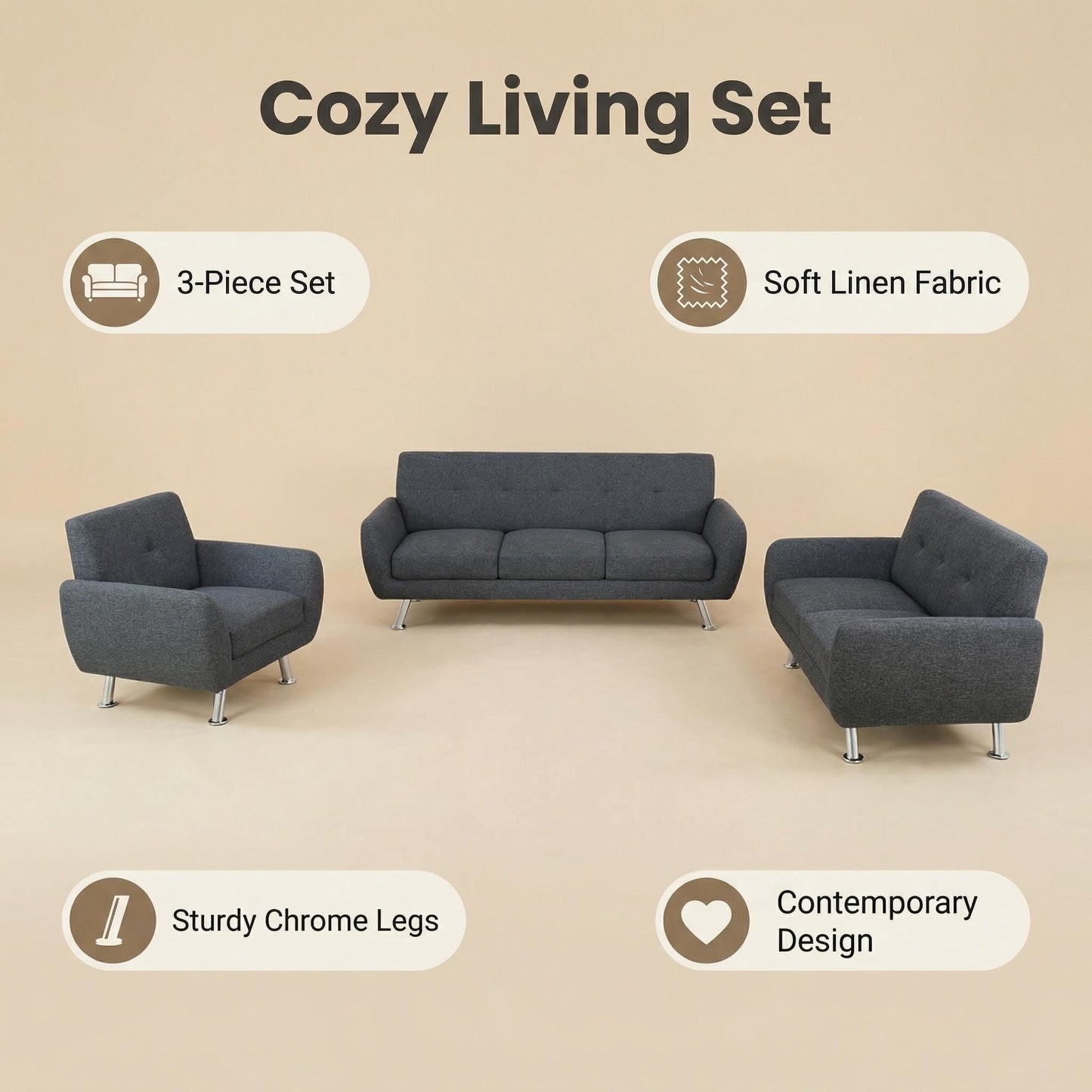 Trygoal 3 Piece Sofa Sets for Living Room, Modern Sectional Couch and Loveseat & Armchair Set, Mid-Century Furniture Sets for Living Room, Apartment, Office, Black