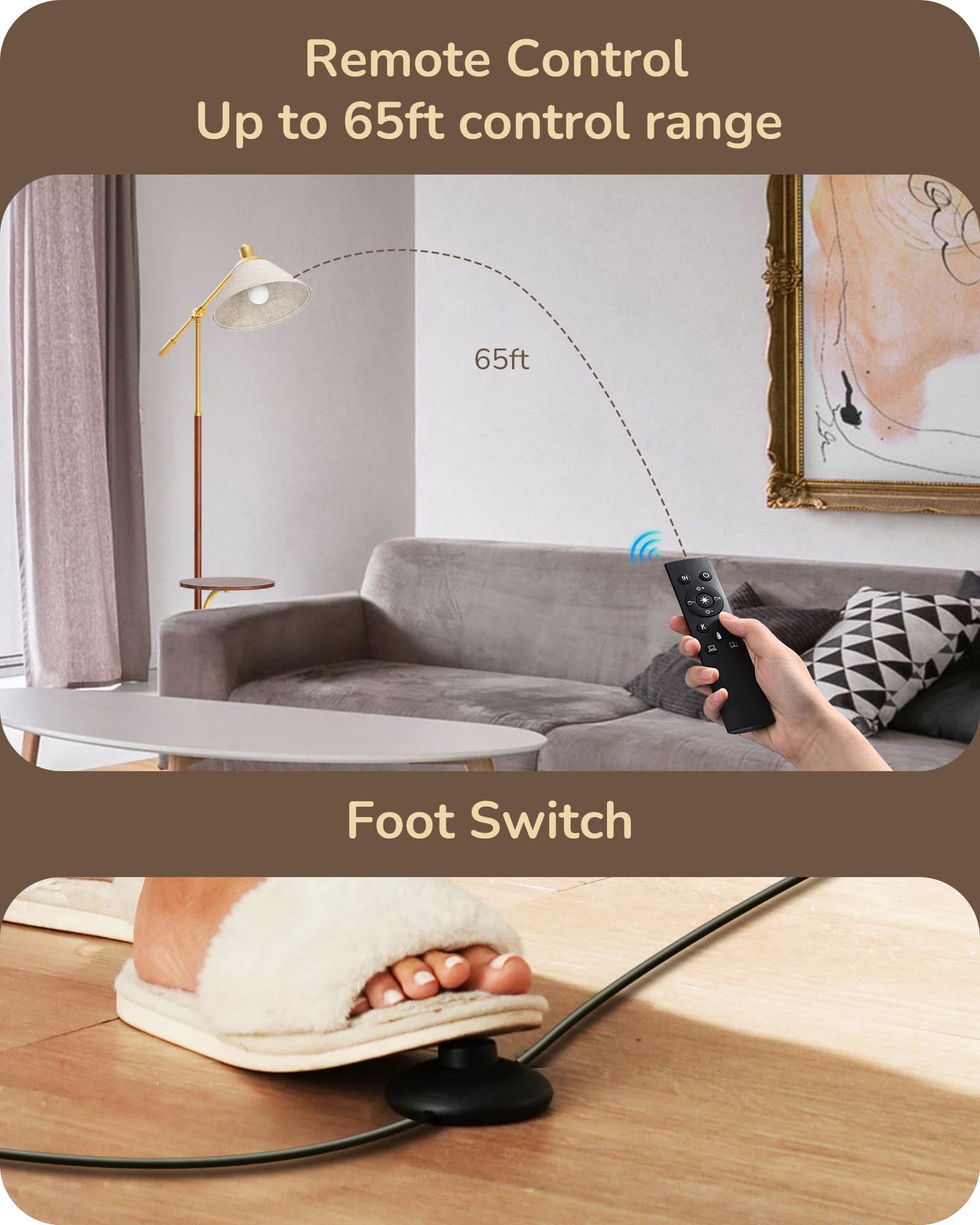 EDISHINE 68in Arc Floor Lamp, Vintage Design, Remote Dimmable Bulb, Beige Shade, Adjustable Arm, Wood Grain Finish, Model HFLEF1