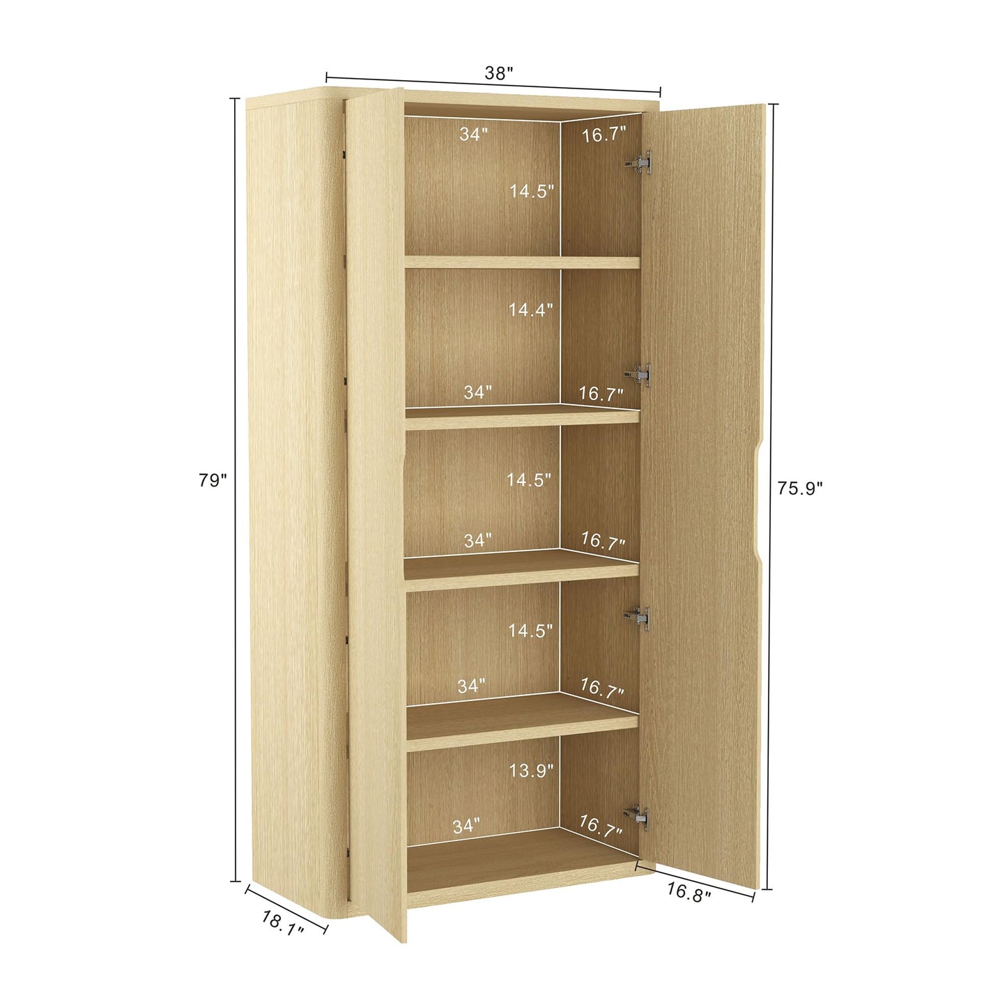Manhattan Comfort Rivington Bookshelf 79 in Tall 5-Tier Bookcase with Soft Close Doors, Modern Storage Cabinet, Handle-Free, Round Corner Design for Living Room, Bedroom, or Home Office in Natural Oak