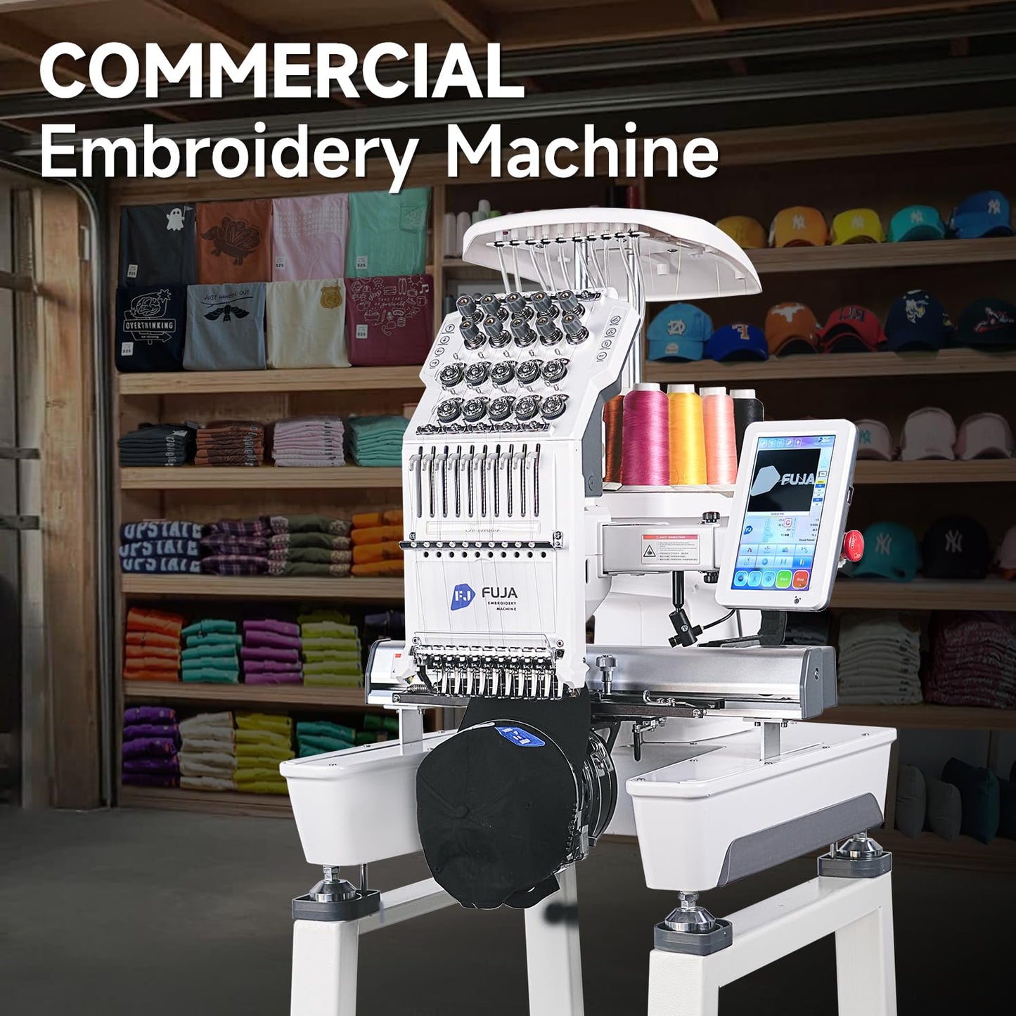 FUJA Commercial Embroidery Machine with 10 Needles, 1200SPM Max Speed, 7" Touch Screen, 9.5" × 14.2" Embroidery Area for Small Business & Beginners, Built for Hat, Flat, Patches, T-shirt and more