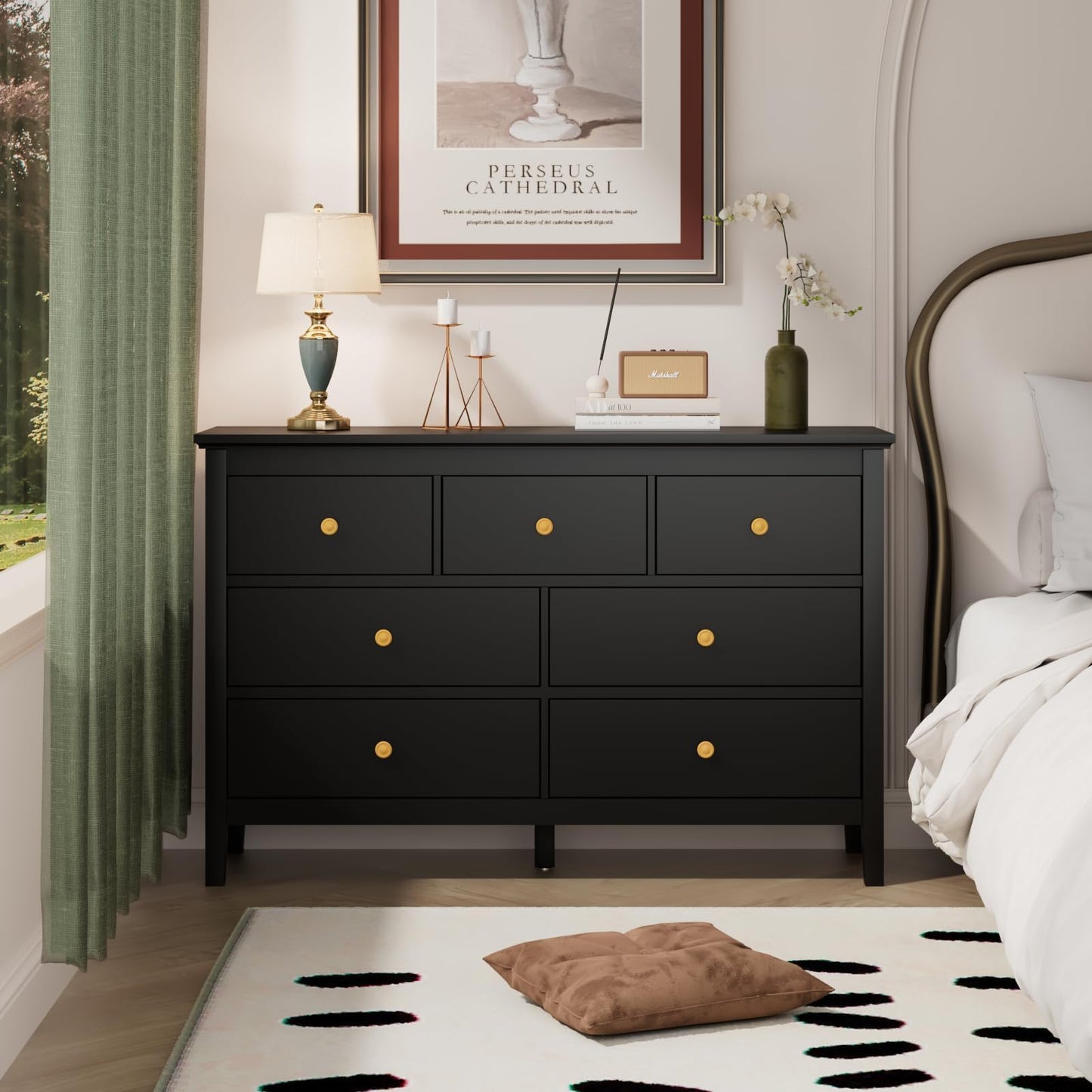 CARPETNAL 7 Drawers Dresser for Bedroom, Black Dressers & Chests of Drawers with Gold Handles and 7 Large Drawer, Modern Wooden Storage Organizer Cabinet for Hallyway, Entryway