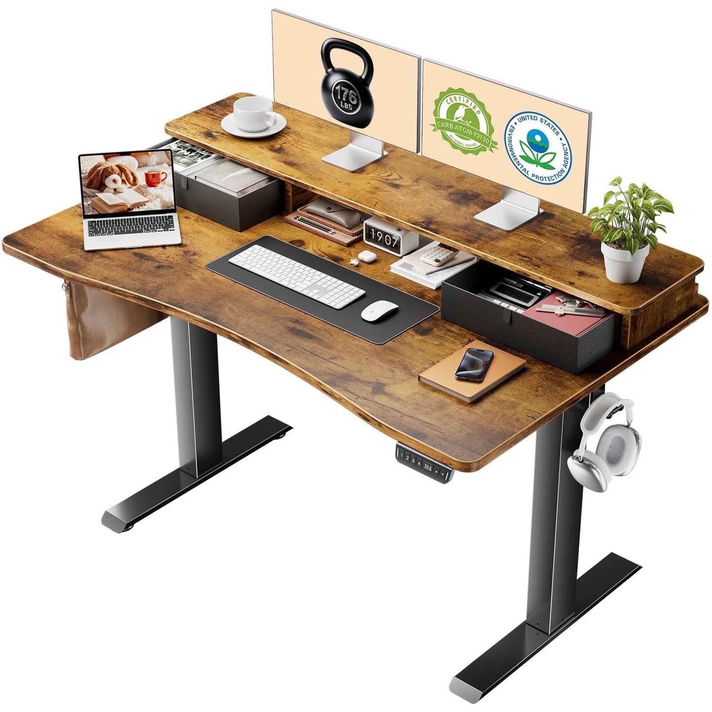 Veken 47.2"×27.6" Standing Desk with Storage Drawers, Adjustable Height Computer Table with Monitor Shelf, Home Office Desk for Study, Gaming, Workstation, Brown