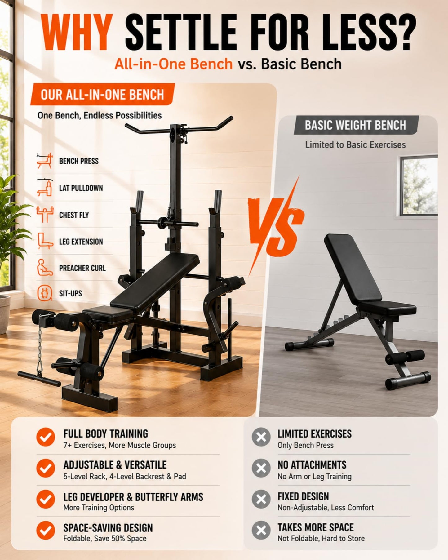 Weight Bench Set with Leg Extension & Preacher Curl Pad, 9-In-1 Adjustable Workout Bench Press with LAT Pulldown, Butterfly Arms & Squat Rack, Multi-Function Strength Training Equipment for Home Gym