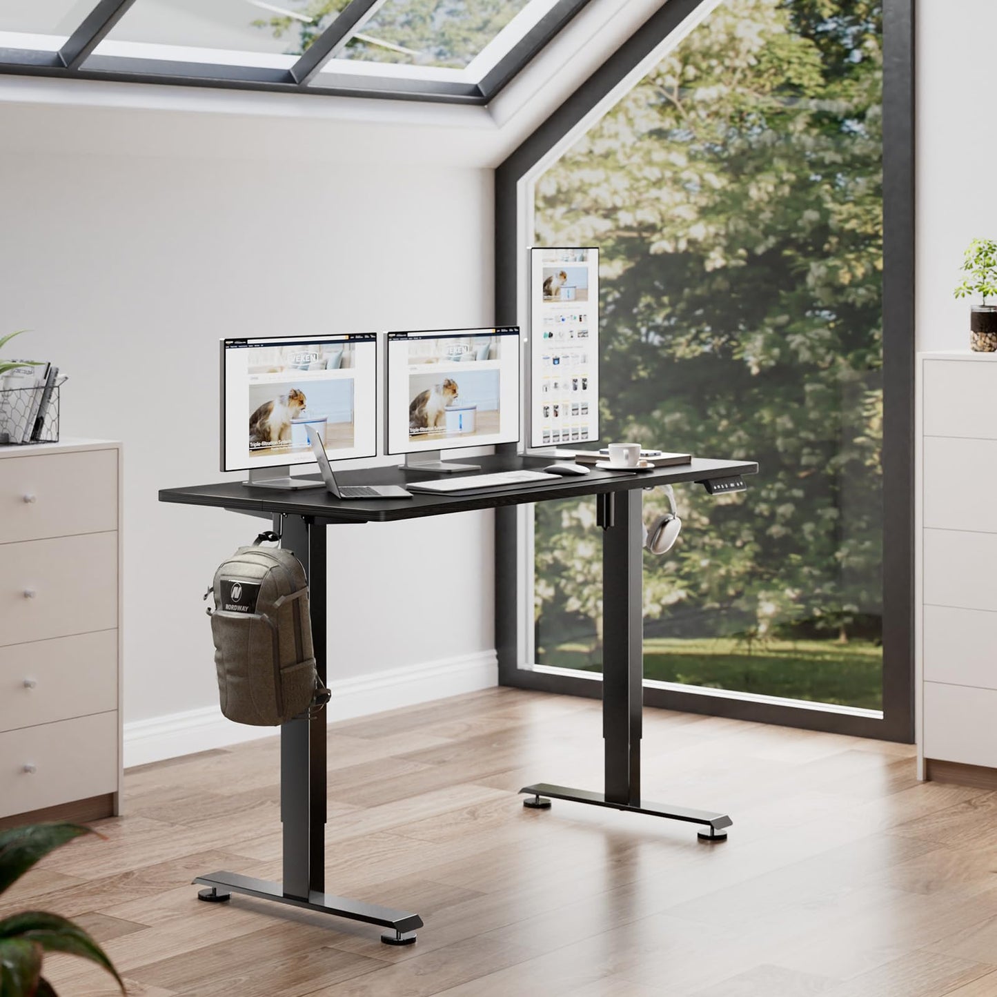 Veken 63 Inch Electric Standing Desk, Adjustable Height Office Desk with Wood Desktop, Computer Table for Home Work, Study and Gaming, Small Spaces, Modern Furniture, Black
