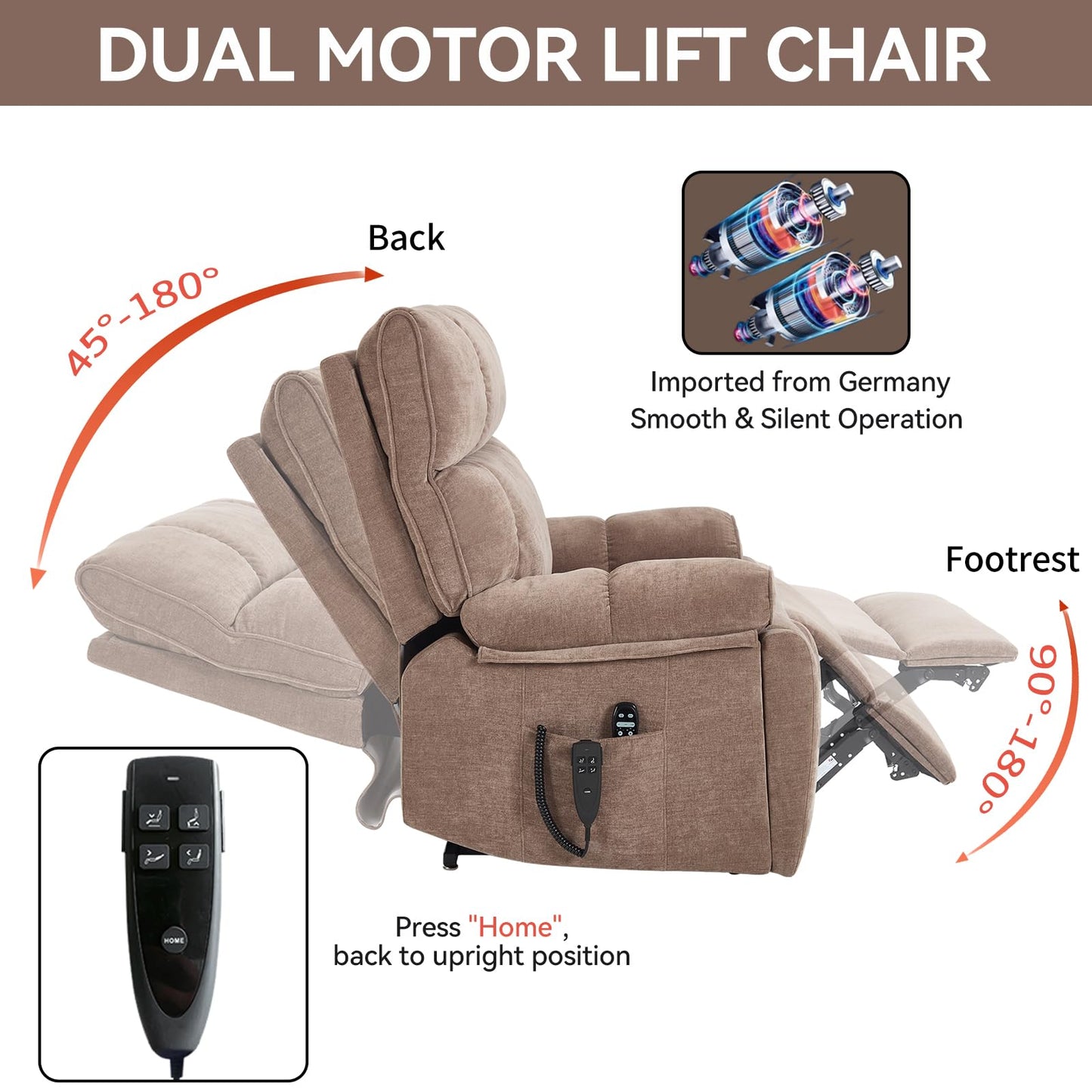 KEIKI Chenille Electric Power Lift Recliner Chair with Heat Massage, Hidden Cup Holders & Timer Function, Elderly Lazy Boy Sofa Seating for Home Theater, Infinite Position, Dual Motor, Up to 350 LBS