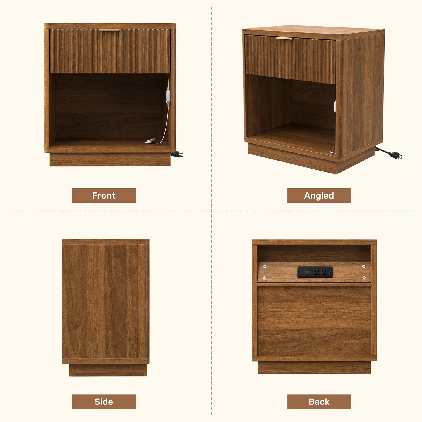 Miereirl Fluted Nightstand with Charging Station, Vintage Modern Night Stands Storage Cabinet Wooden Bedside Table with Metal Handle Drawers, Walnut Oak