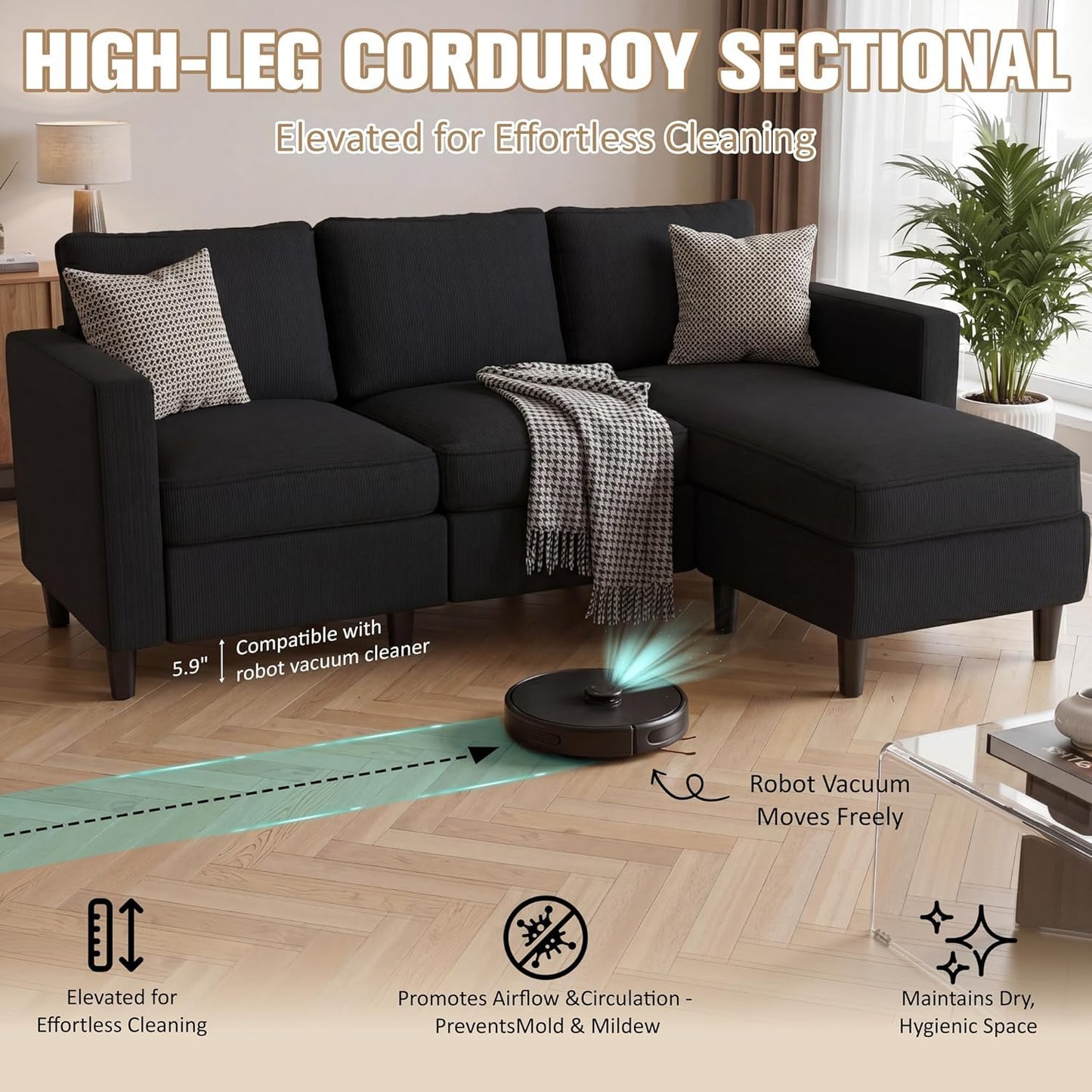 JAMFLY Sectional Sofa for Living Room, 3-Seat Reversible Couch with Convertible Ottoman, Modern L-Shaped Sofas for Small Apartment, Studio & Office, Tool-Free Easy Assembly, Black