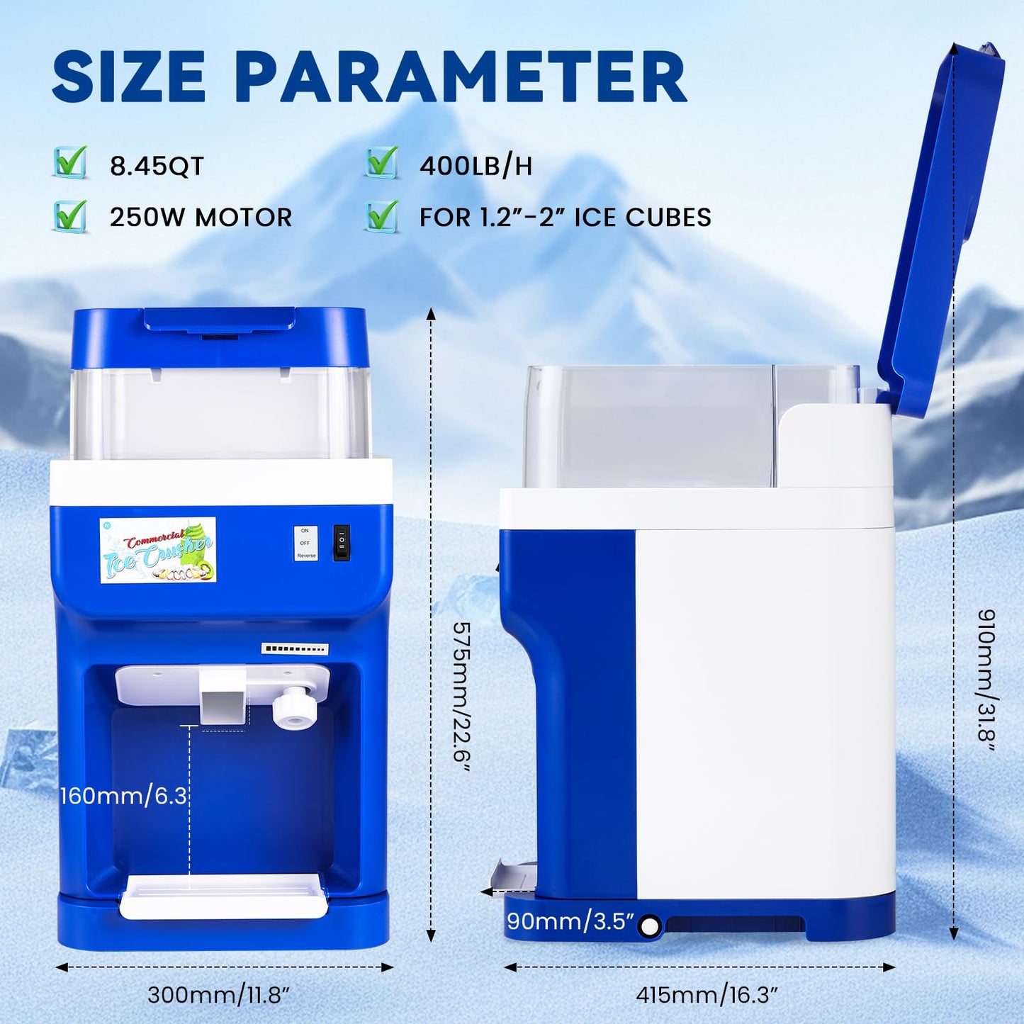 NEWTRY 8.45QT Commercial Ice Cube Crusher Machine Electric Ice Shaver with Aluminum Alloy Blade Automatic Snow Cone Maker Thickness Adjustable 250w 110v Large Capacity 400lb/h for Commercial Home Use