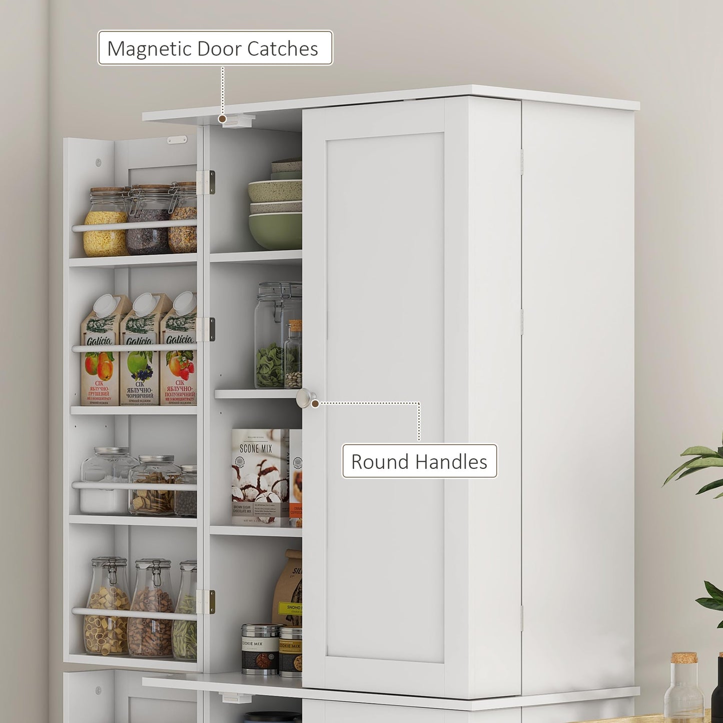 HOMCOM 65" Kitchen Pantry Storage Cabinet, Freestanding Kitchen Cabinet with 16 Door Shelves, Double Doors, 8-Tier Shelving and Adjustable Shelves, White