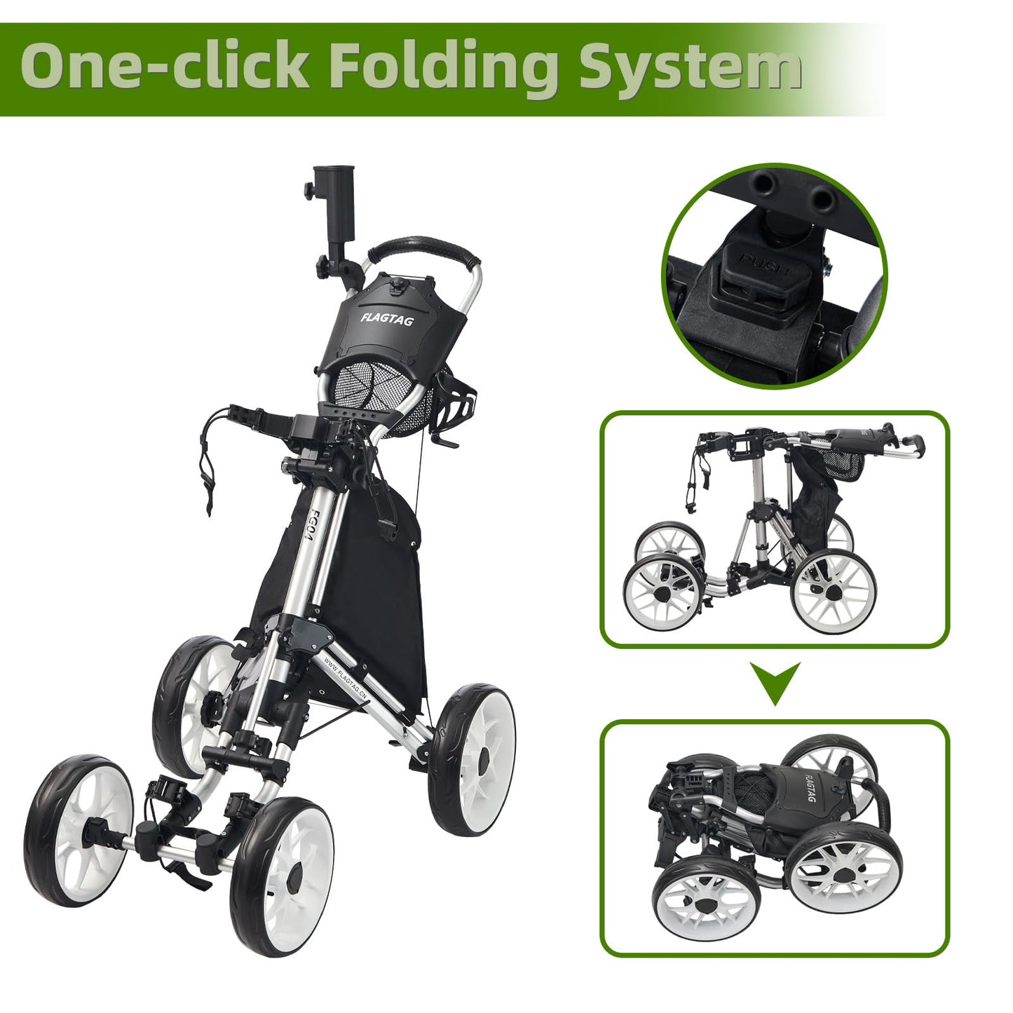 FLAGTAG Golf Push Cart 4-Wheels,Folding Golf Cart, Golf Pull cart with Cup Holder,Umbrella Holder,Cooler Bag, Foldable with one-Click,Handle Height Adjustable,Drink Holder,Walking Push cart