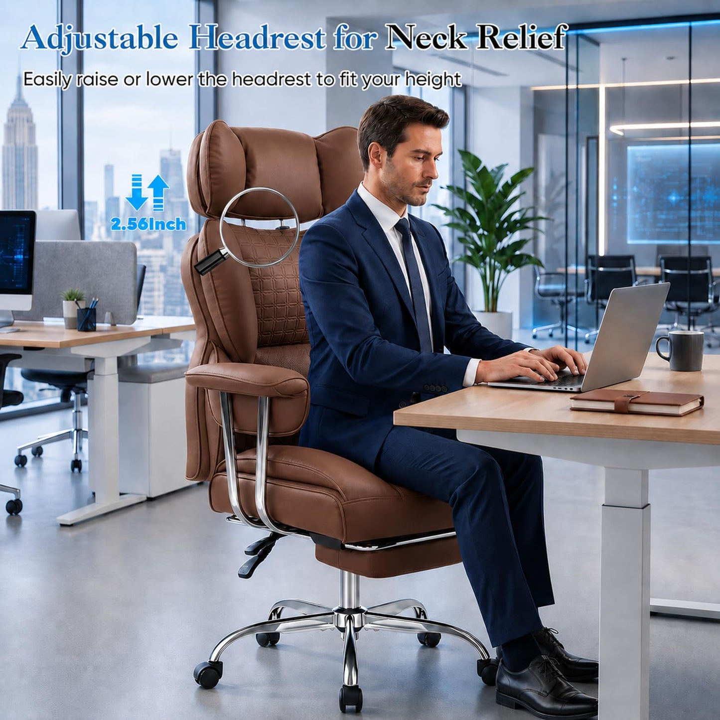 Big and Tall Office Chair 350 LBS, Scratch-Resistant PU Leather Executive Office Desk Chair with Footrest, Ergonomic Reclining Computer Chair with Pocket Spring Support for Home Office, Brown