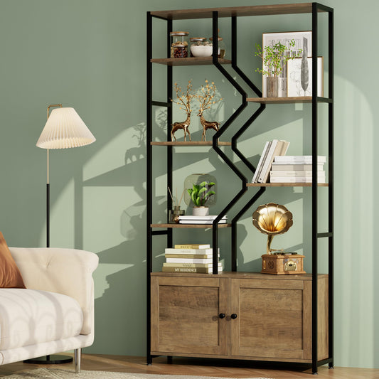 Keyluv 76" Tall Industrial Bookshelf with Storage Cabinet, 6-Tier Rustic Brown Bookcase with Doors, Heavy Duty Geometric Display Shelf for Home Office, Living Room, Study Room, Vintage Wood & Black