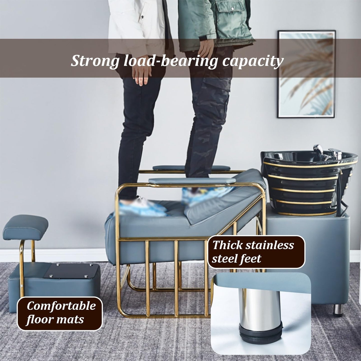 Shampoo Bowl and Chair Set for Salon, Lay-In Shampoo Backwash Unit with Separate Footstool & Metal Legs, High-Rebound Sponge for Spa Beauty Barbershop(A)