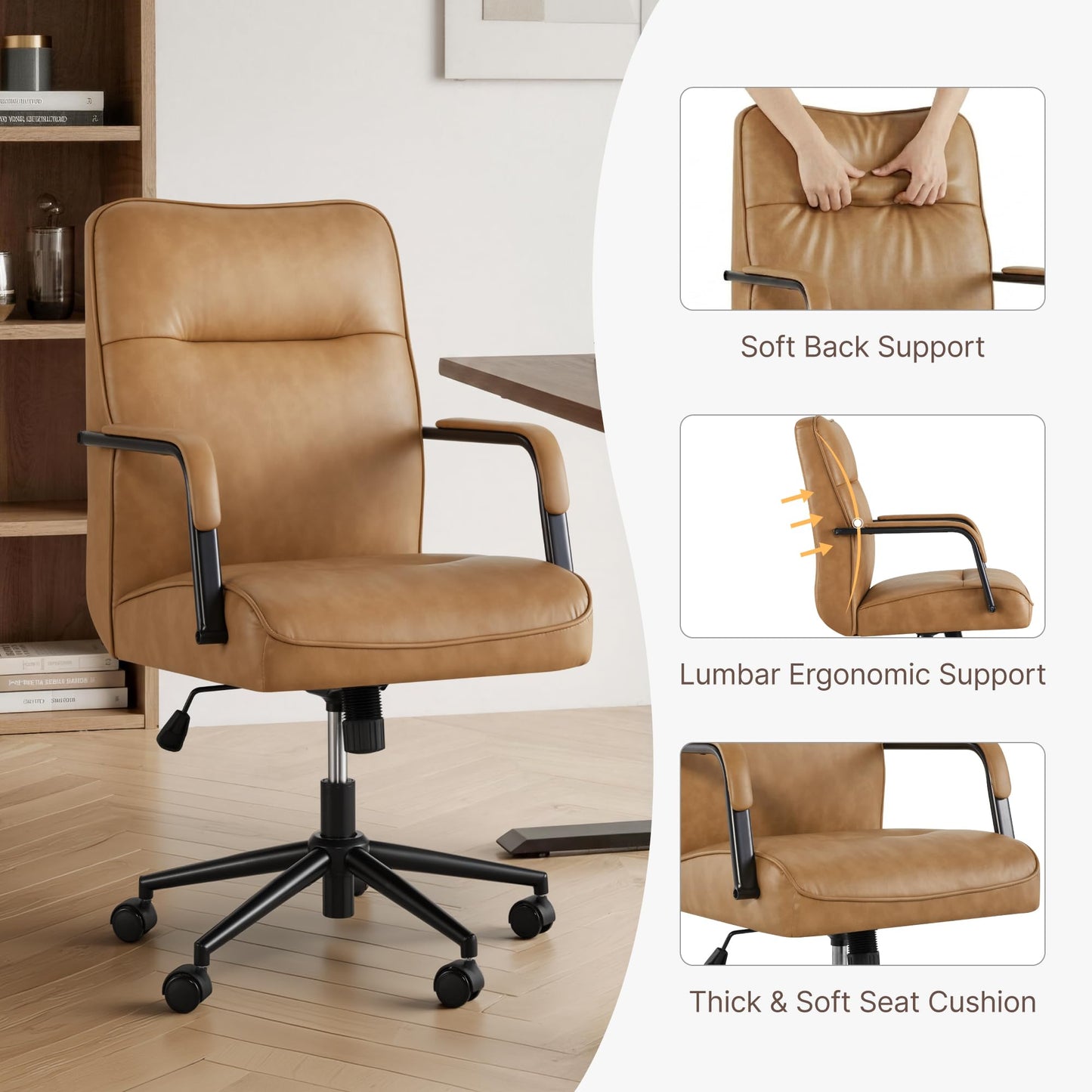 KISLOT Ergonomic Home Office Chair with Lumbar Support, Adjustable Swivel Modern Desk Chair with Wheels, Faux Leather Computer Chair with Padded Arms, Comfy Executive Office Chair, 2 PCS, Camel Brown