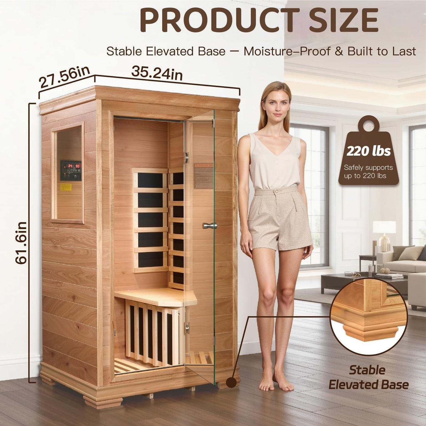 Royal Saunas Hongyuan Far Infrared Sauna for Home 1 Person, Indoor Wooden Sauna Room 960W/120V, Premium Hemlock & Okoume Wood, Low EMF Heating, BT Audio, Vent & Cup Tray
