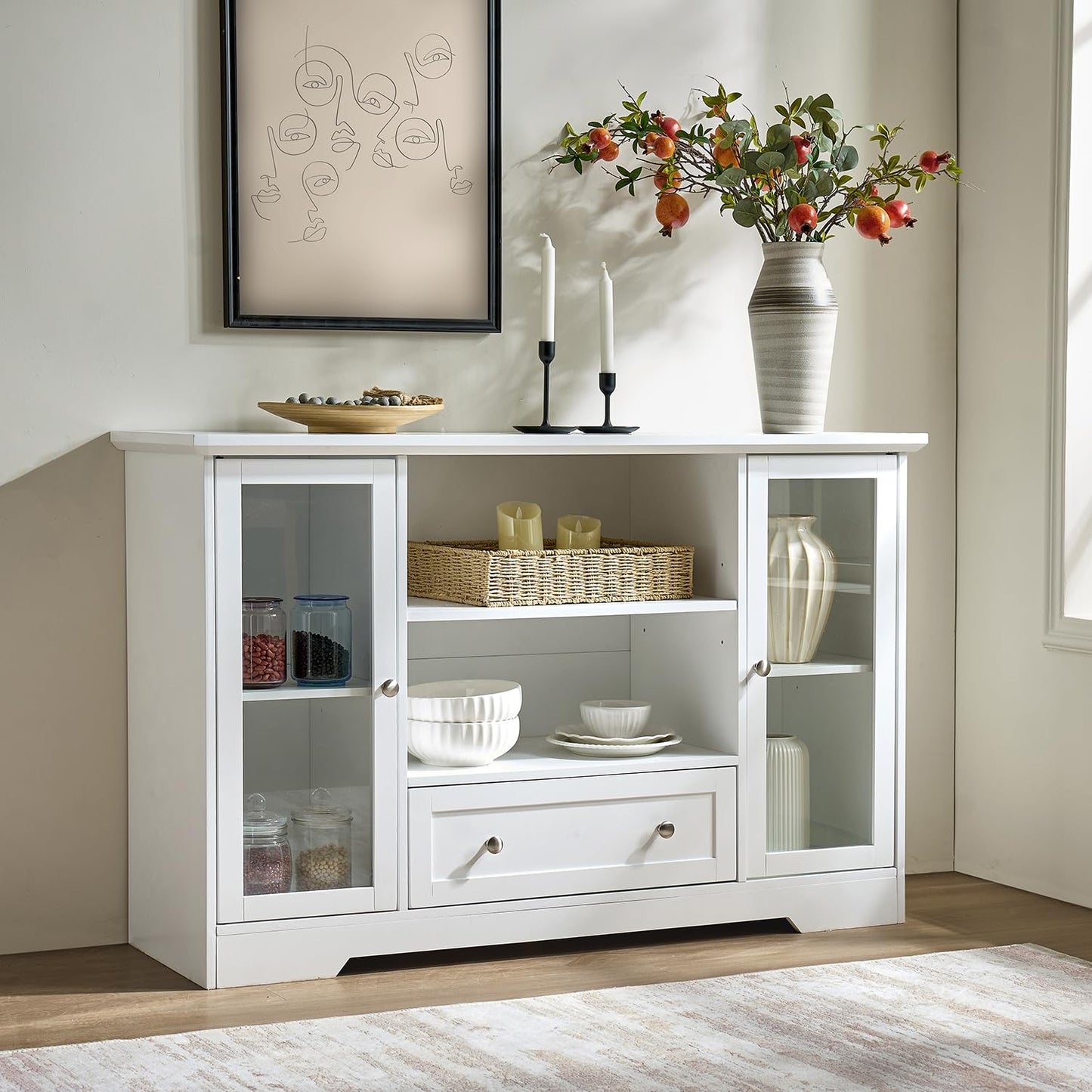 GDFStudio 51" Modern Storage Cabinet with Doors & Drawer, Large Buffet Sideboard Cabinet with Adjustable Shelves, Farmhouse Credenza Console Table Coffee Bar for Living Room Dining Room Kitchen, White