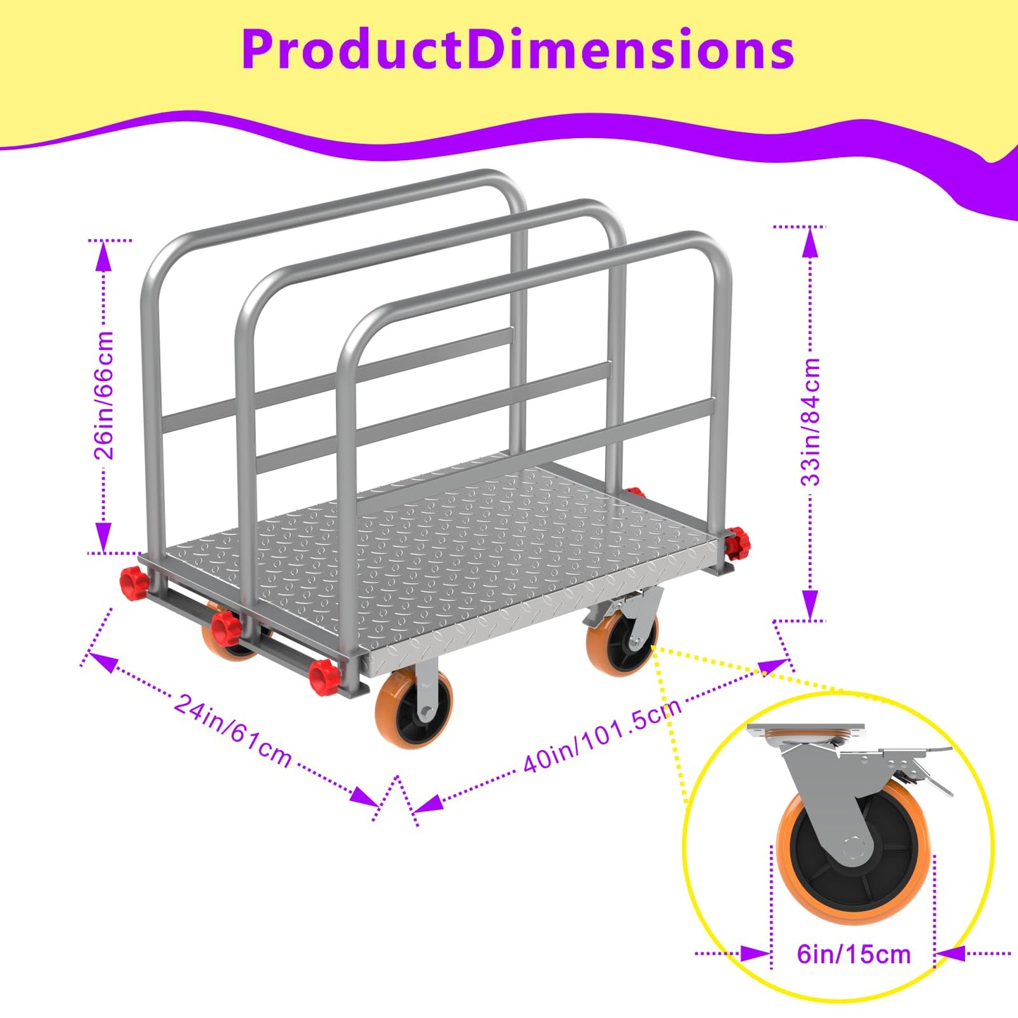 SCBoutique 2500 LBS 2-in-1 Steel Panel Truck Cart - Heavy Duty Lumber Cart Drywall Dolly with 40 x 24 Inch 2MM Plate, 6 Inch Swivel Brake Wheels & 1 Front 3 Side Handrails