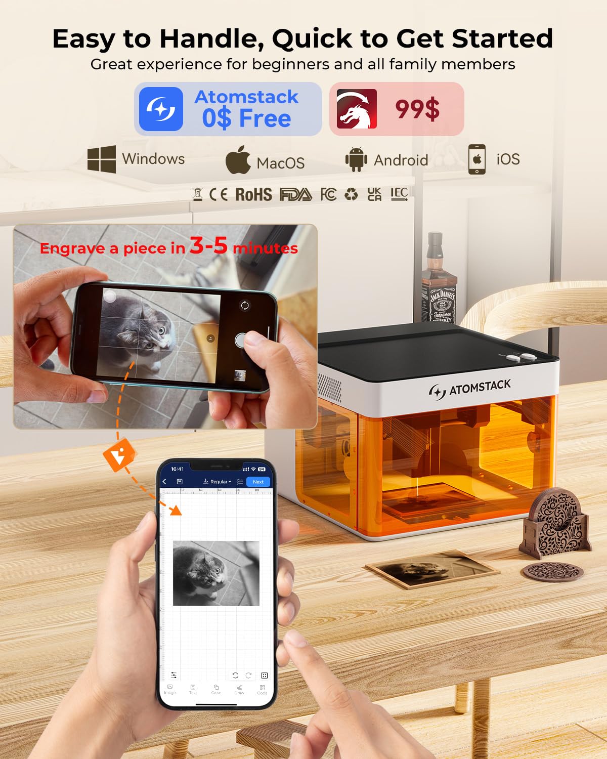ATOMSTACK P1 5W Laser Engraver Dual, 5W Diode, 1.2W Infrared Laser, Unibody Laser Engraving Machine, 10000 mm/min, 5000mW Diode for Beginners DIY, Wood, Leather, Acrylic, Metal, Class 1 Safe