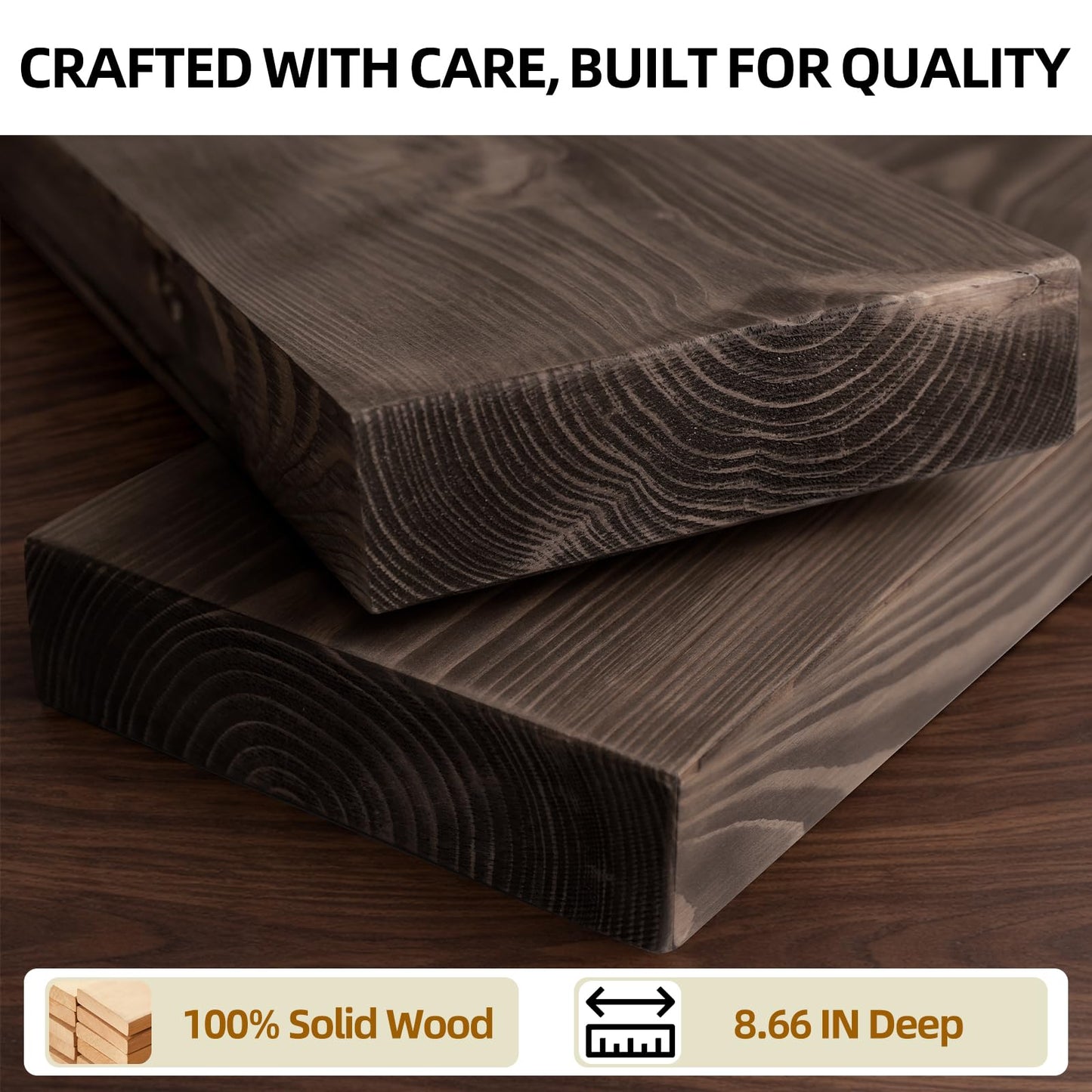 BANFFLOW 24 Inch Long x 8.66 Inch Deep Floating Shelves for Wall, Set of 2 High-End Solid Wood Shelves with Sturdy Hidden Brackets, Dark Walnut, for Living Room Kitchen Bathroom Study Room