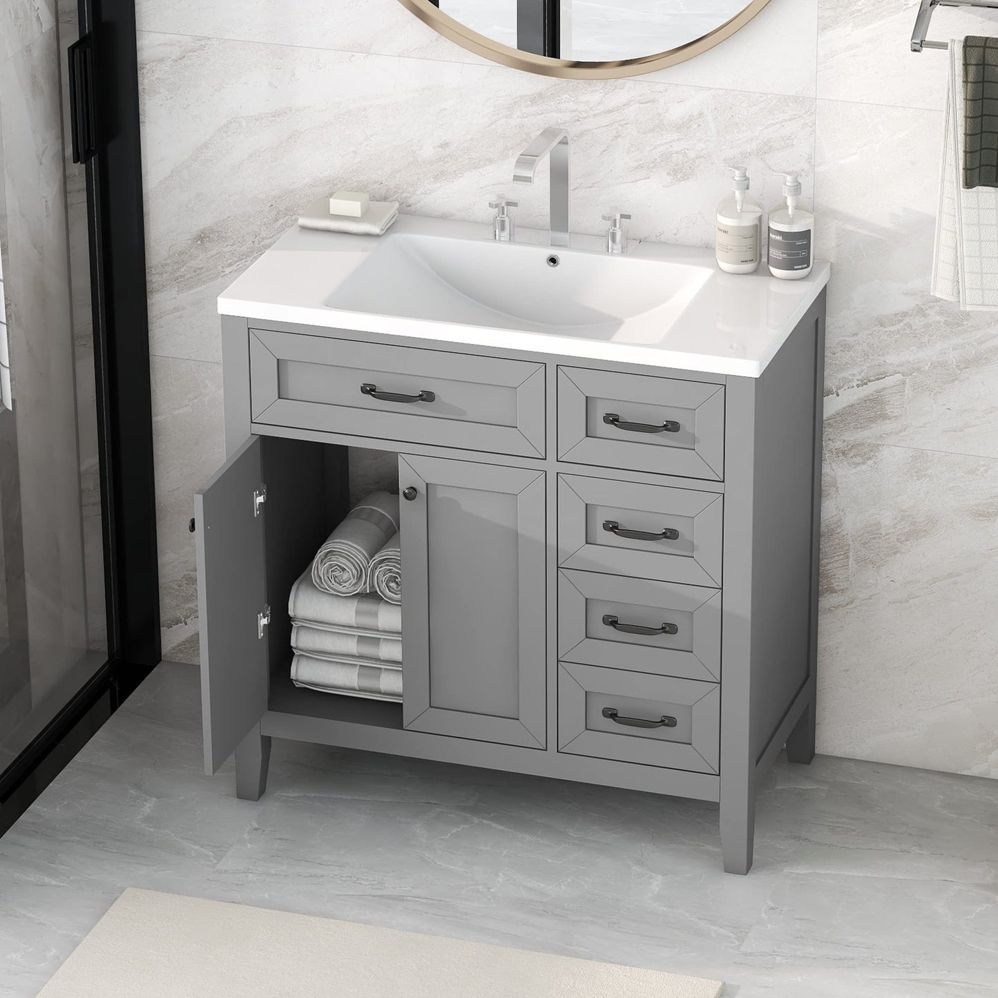 36" Bathroom Vanities with Sink Set Combo, Cabinet with 3 Drawers and 2 Soft-Closing Doors, Solid Wood Frame & MDF Board